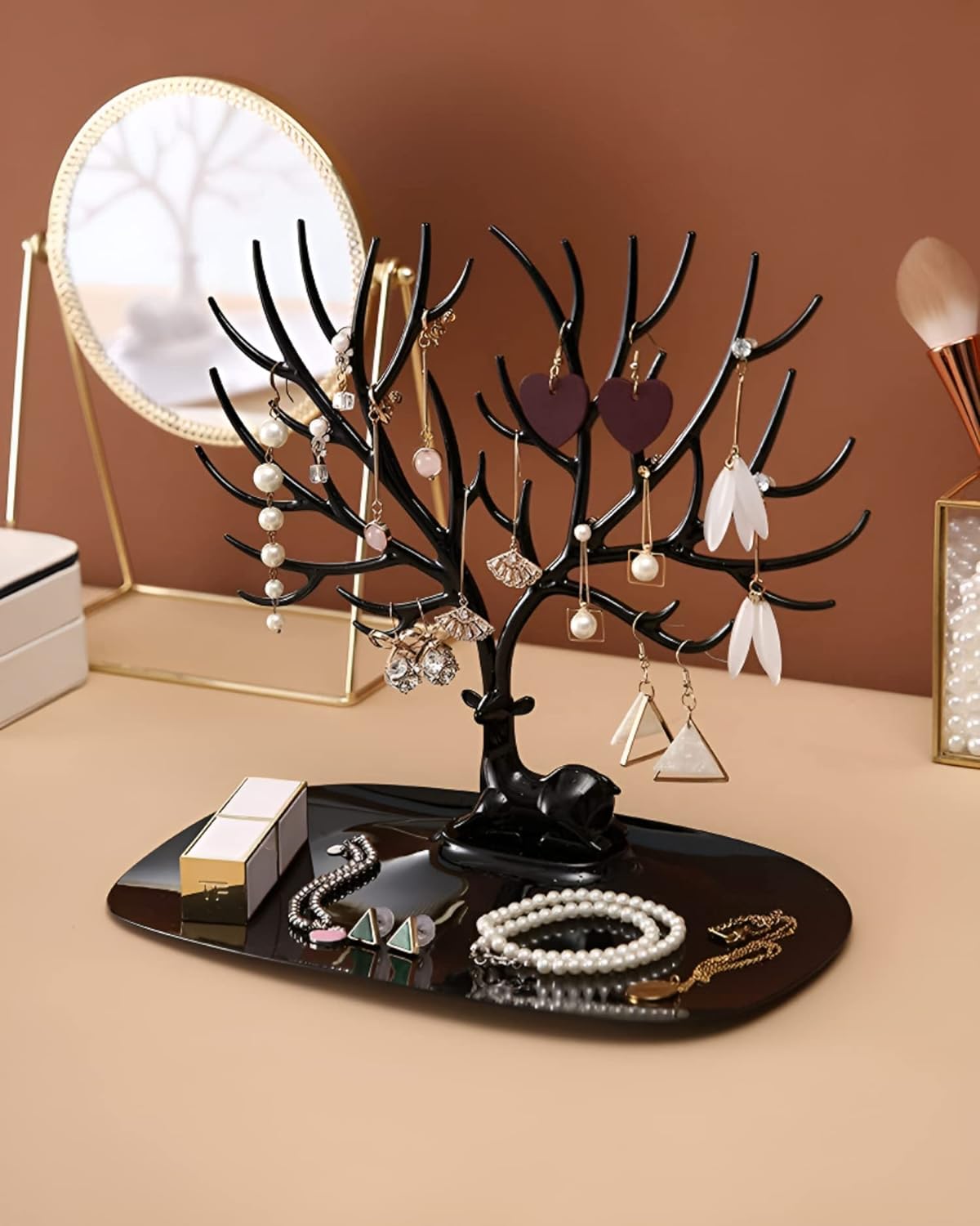 Giftock Deer/Antlers Jewelry Holder Deer Tree | Creative Sika Deer Tree Tray Display Stand Holder (Black)