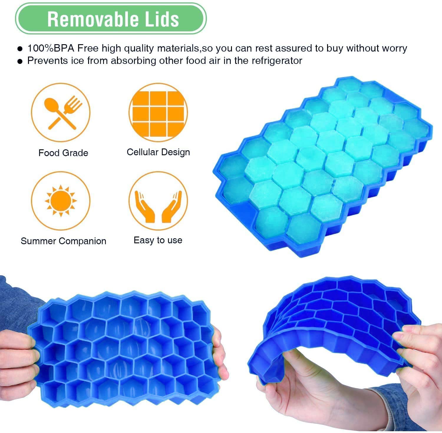 Giftock Flexible Silicone Honeycomb 37 Cavity Ice Cube Tray for Freezer Moulds Small Cubes Whiskey Fridge Bar Soft Ice Cube Tray -Pack of 1 Multicolor