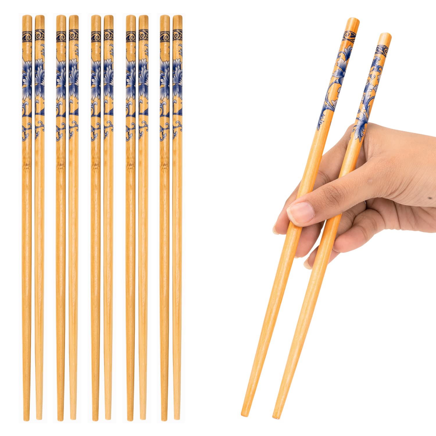 Giftock) 5 Pairs Natural Bamboo Reusable Chopsticks for Sushi, Noodles, Fried Rice (24 cm, Brown)
