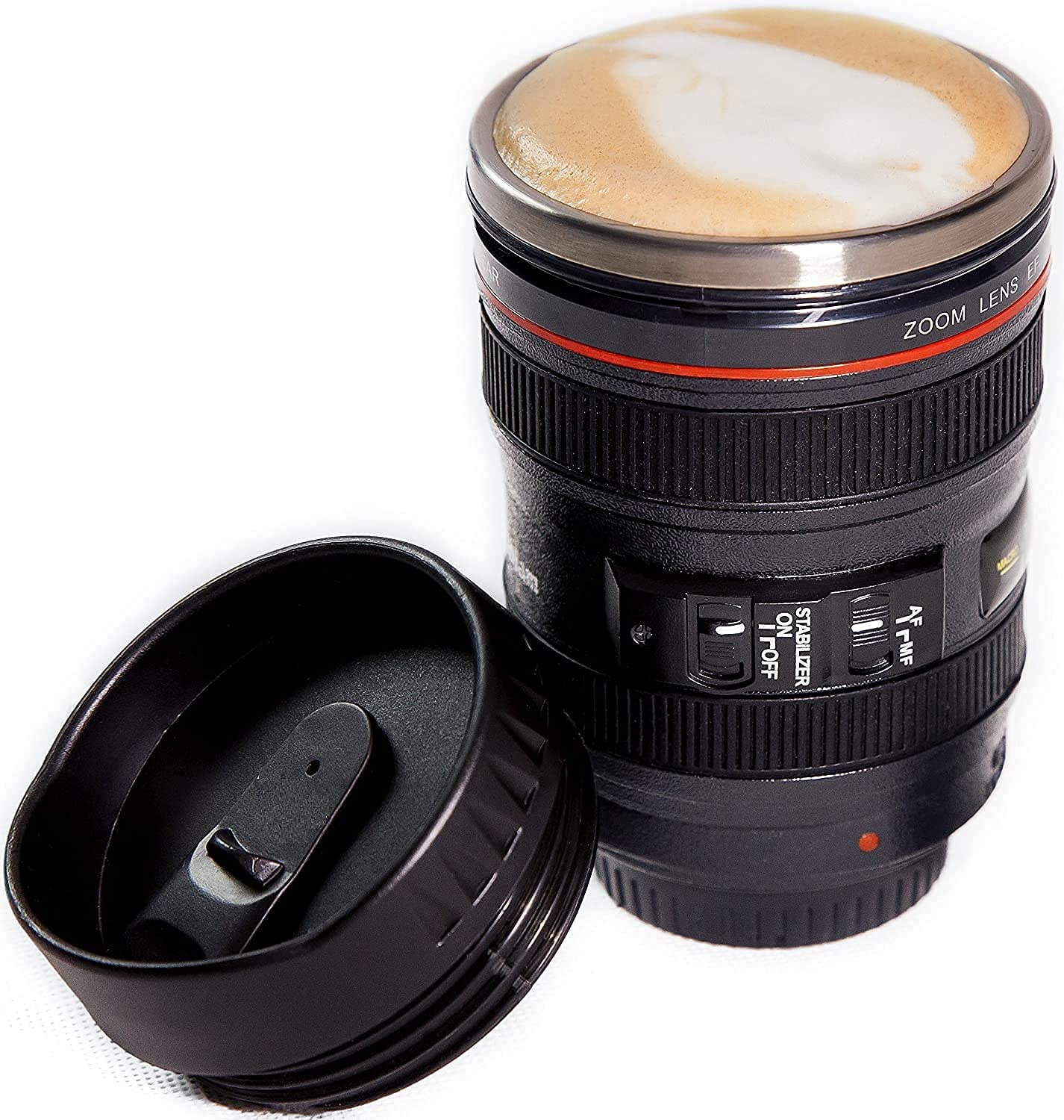 Giftock Steel Insulated Plastic Camera Lens Tea Coffee Flask Mugs with Leak Proof Lid for Gifting idea| DSLR Camera Lens Shaped Travel Thermos Cup (Black,350 Ml)