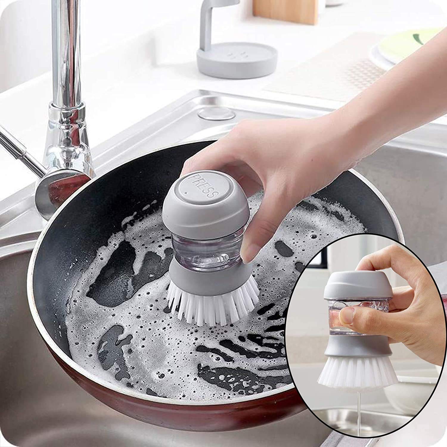 Giftock Tar Brush Dish Cleaning Brush with Liquid Dispensar Palm Dishes Pot, pan, Sink scrubbing Household soap Dispenser for Tool Dispensing wash Kitchen Utensils Scrubber Multipurpose in Home