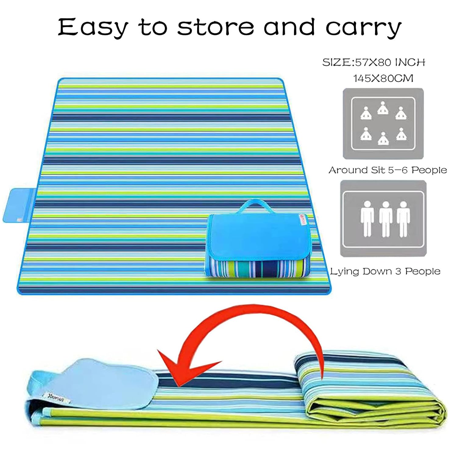 Giftock Picnic Blanket | Beach Picnic mat for Indoor & Outdoor, 80" x 57" Sandproof Waterproof Larger Mat for Travel, Camping, Hiking, Park Grass,Handy Mat Tote, Foldable (Blue Line, Fabric)