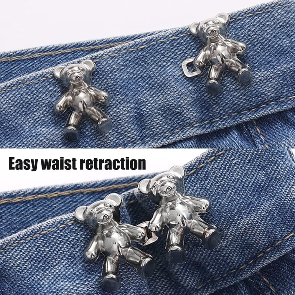 Giftock Adjustable Cute Bear Button Pins Buckle for Loose Jeans, Metal Pins Pearl Detachable Instant Button Pins, Set for Pants, Jeans, Skirts, Sleeves Tightener for Skirt Pants (Pack of 1, Silver)