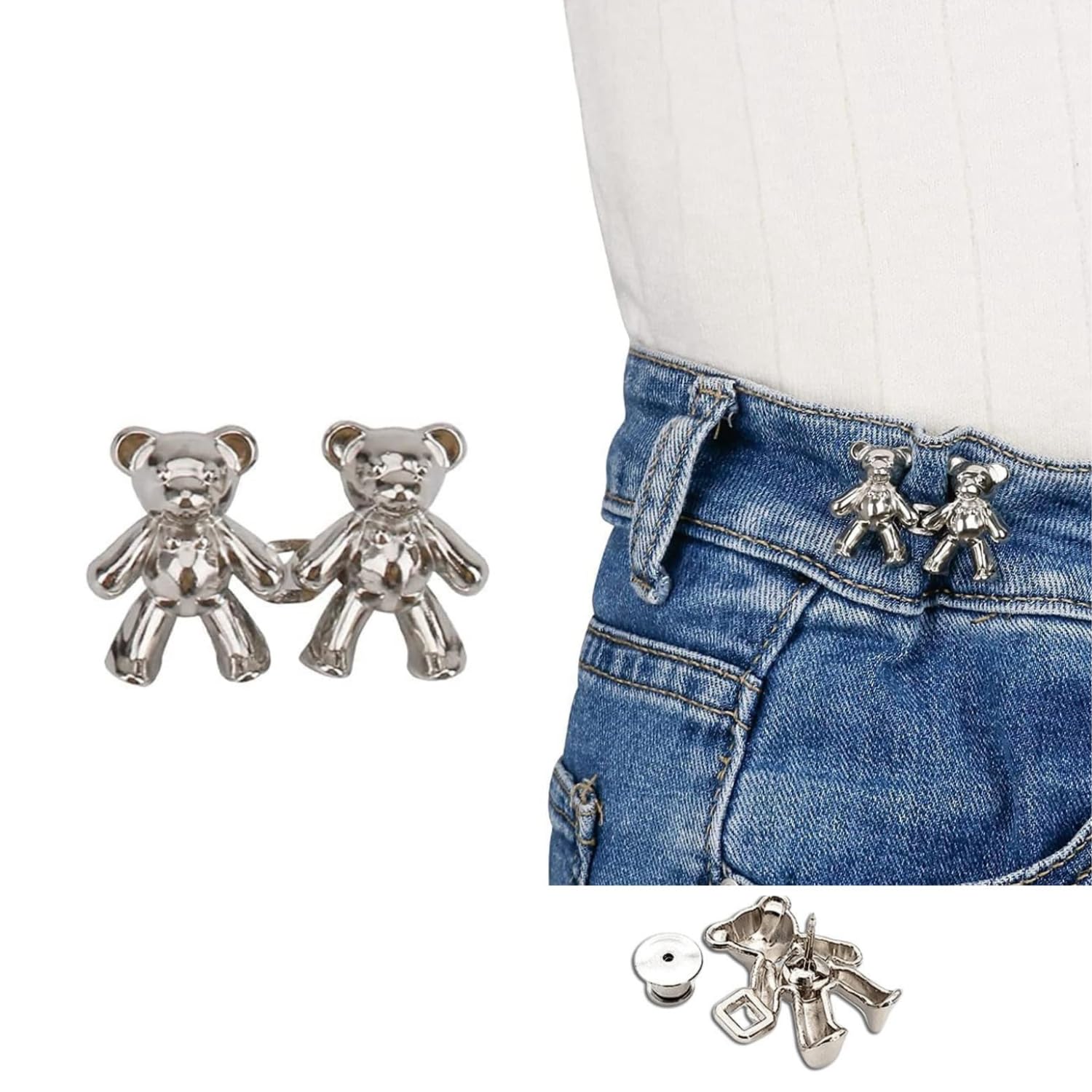 Giftock Adjustable Cute Bear Button Pins Buckle for Loose Jeans, Metal Pins Pearl Detachable Instant Button Pins, Set for Pants, Jeans, Skirts, Sleeves Tightener for Skirt Pants (Pack of 1, Silver)