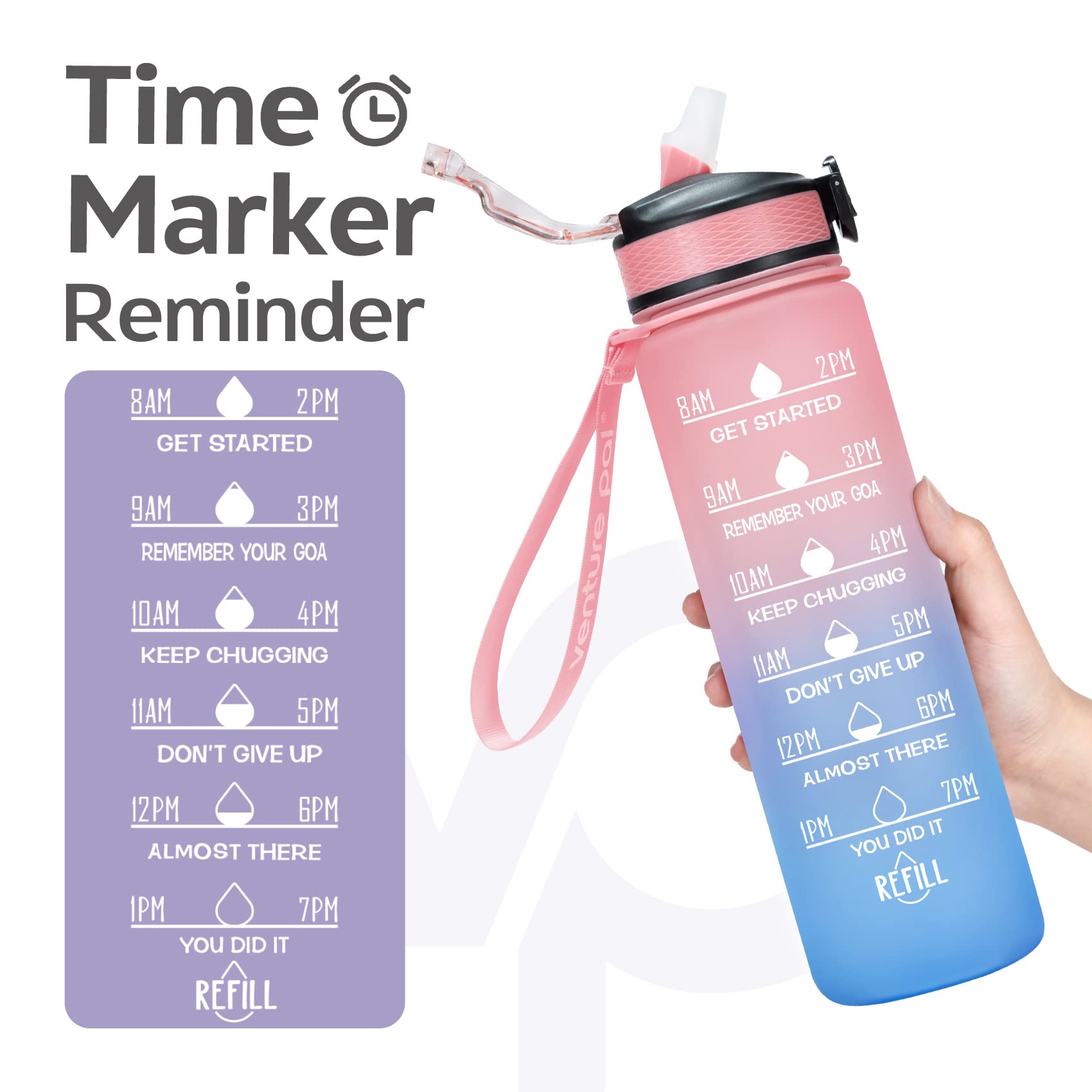 Giftock 32Oz Motivational Fitness Sports Water Bottle With Time Marker&Straw,Large Wide Mouth Leakproof Durable Bpa Free Non-Toxic-Ombre Green Purple (Plastic,Pack Of 1 Bottle),32 fluid_ounce