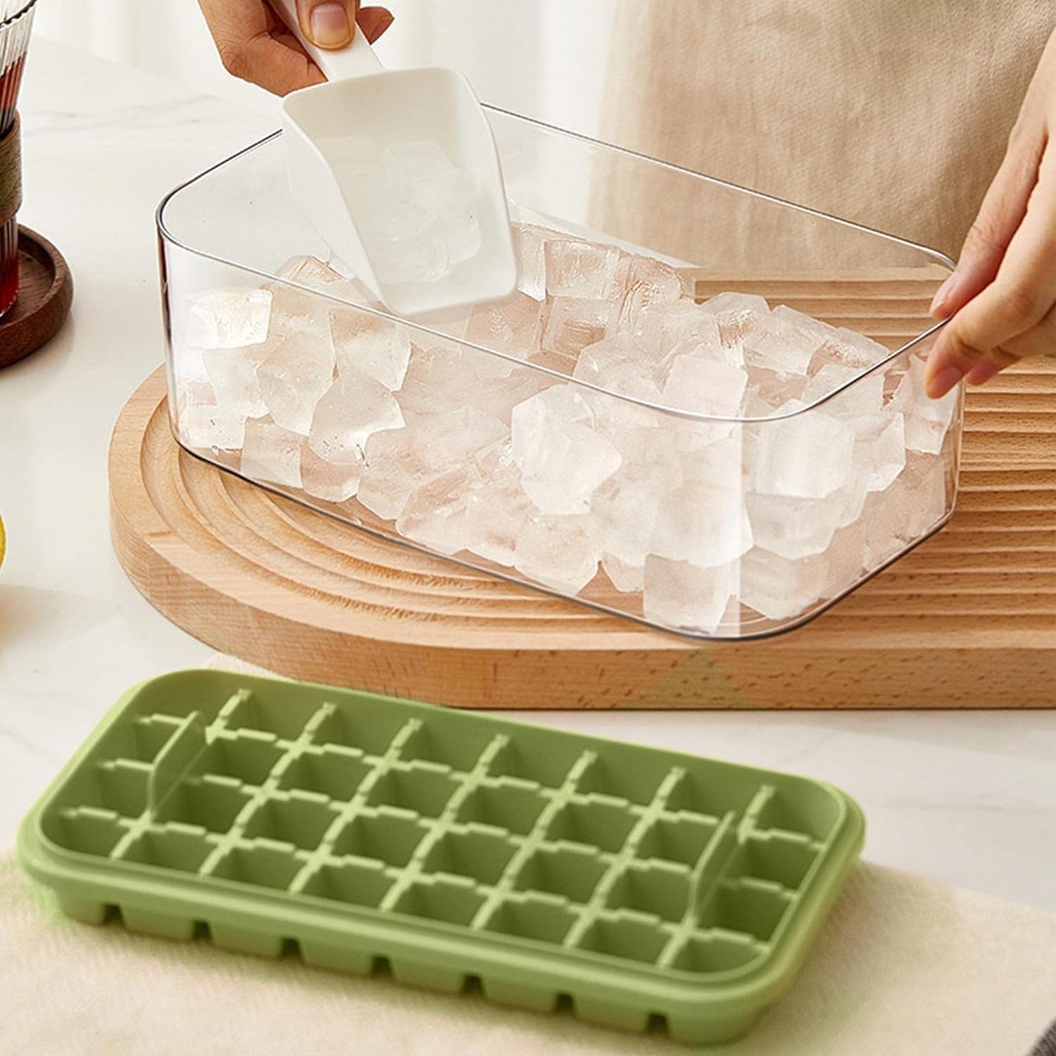 Giftock 2 Layer Ice Cube Tray with Lid & Bin, Square Ice Cubes Molds with Ice Scoop, One Tap Easy Release & Save Space, Bpa Free Ice Cube Storage Container 64 Ice Cubes
