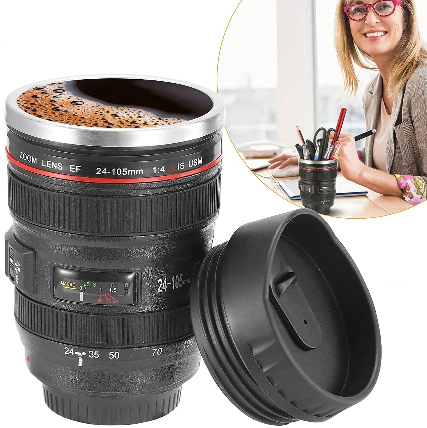 Giftock Steel Insulated Plastic Camera Lens Tea Coffee Flask Mugs with Leak Proof Lid for Gifting idea| DSLR Camera Lens Shaped Travel Thermos Cup (Black,350 Ml)