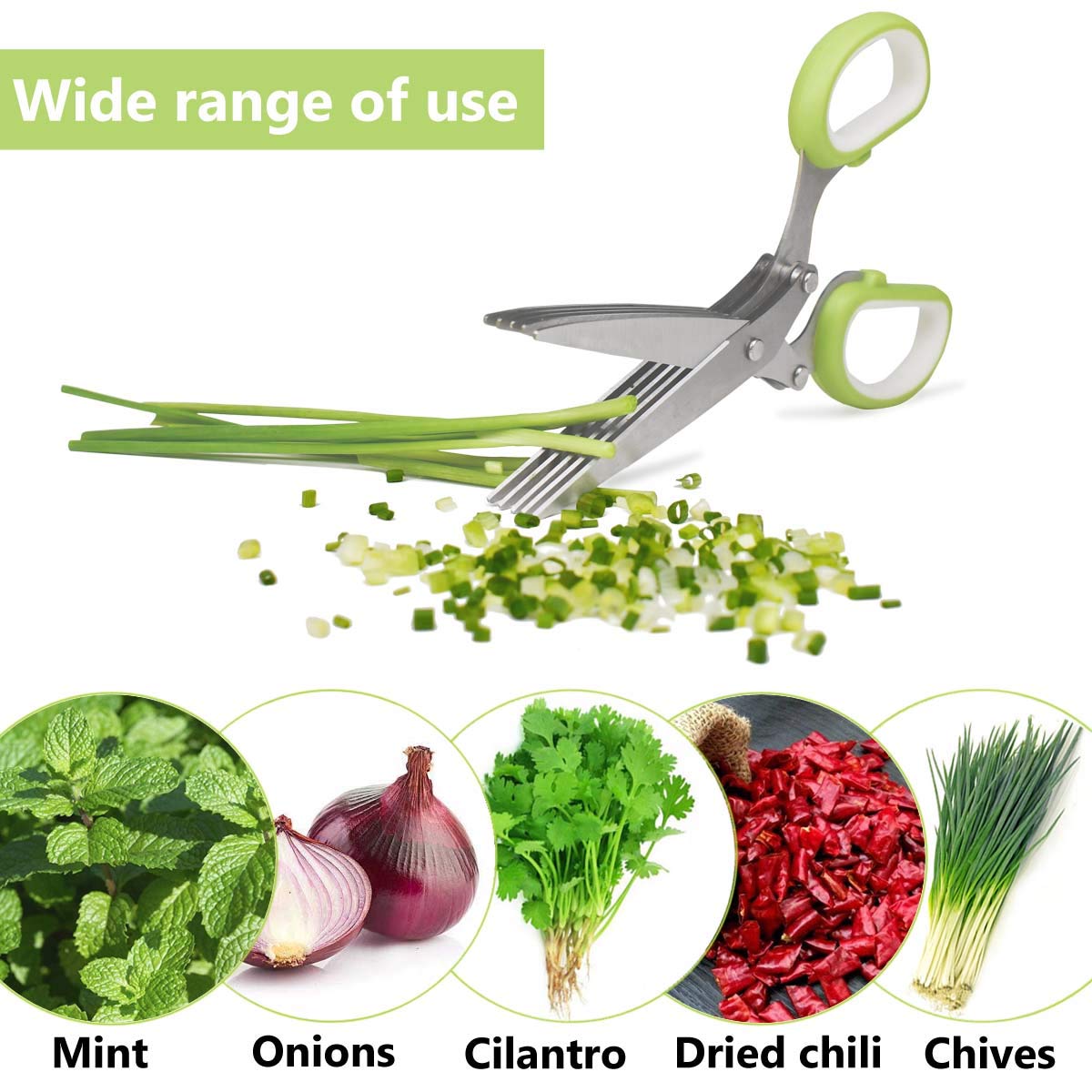 Giftock Herb Cutter Scissors 5 Blade Scissors Kitchen Multipurpose Cutting Shear with 5 Stainless Steel Blades & Safety Cover & Cleaning Comb Cilantro Scissors Sharp Shredding Shears Herb Scissors Set (Green
