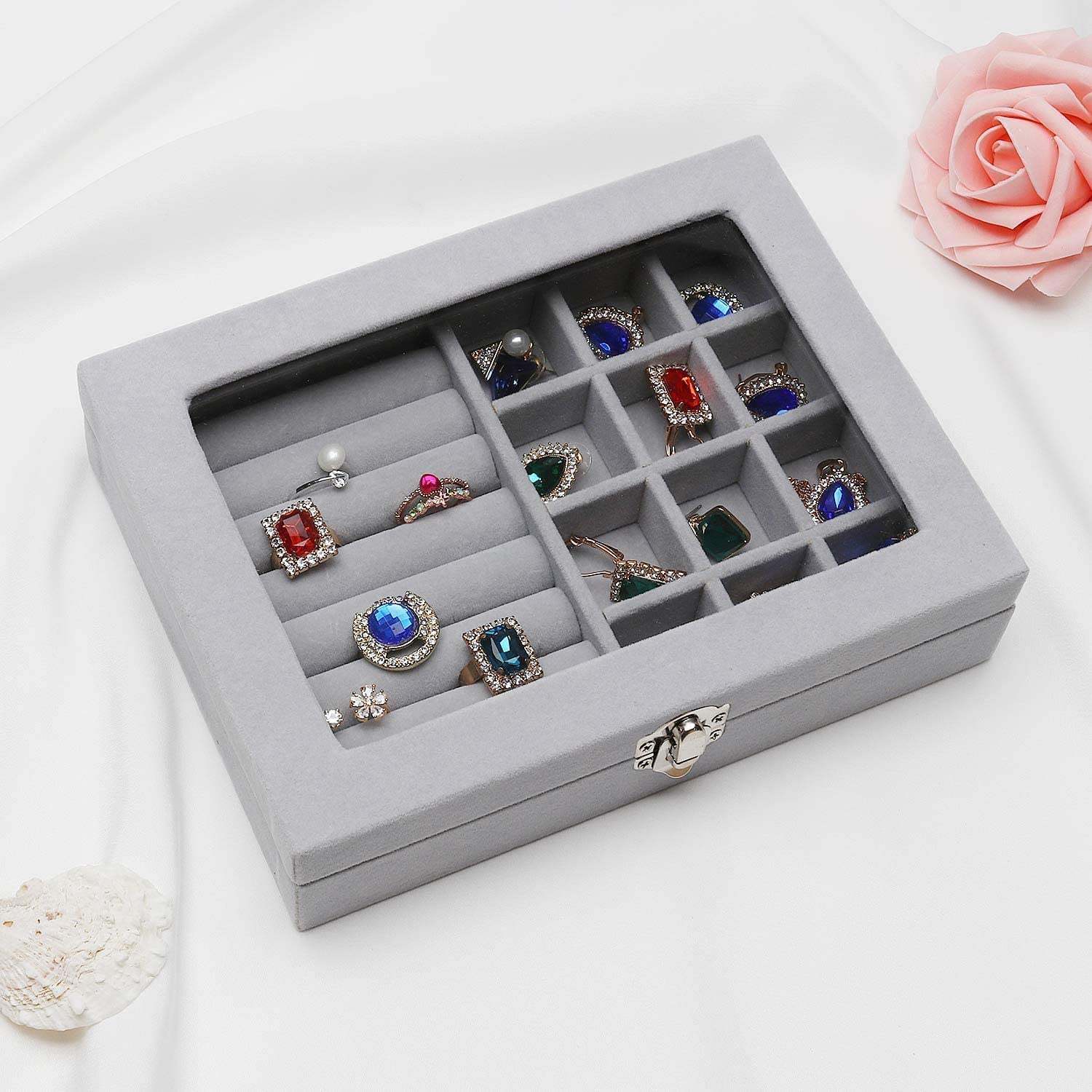 Giftock Jewellery Storage Box - Multipurpose Transparent Velvet Cufflink,Display Ring & Earring Organizer-Adjustable 12 Compartment & 8 Rows for Jewelry,Jhumkas,Stud,Travel Friendly Box for Gifts