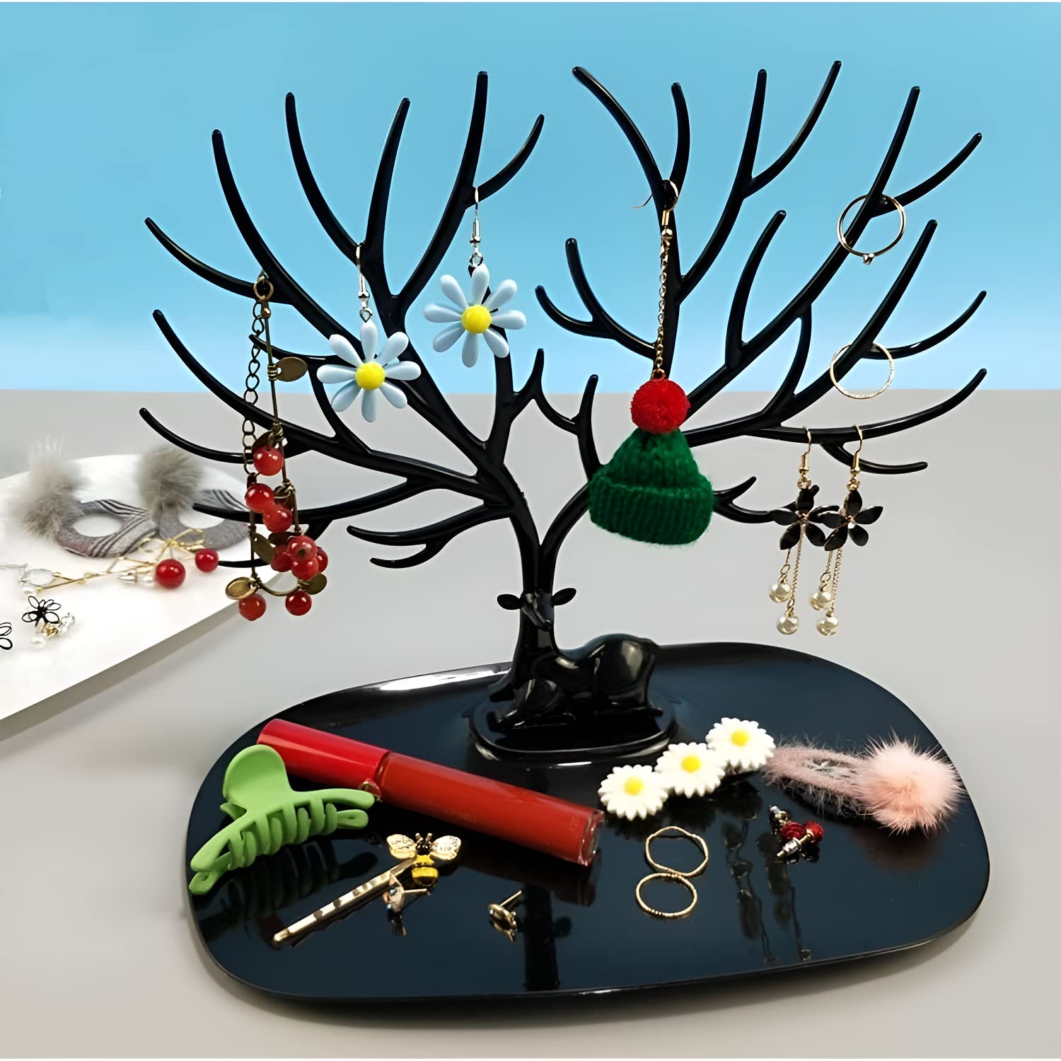 Giftock Deer/Antlers Jewelry Holder Deer Tree | Creative Sika Deer Tree Tray Display Stand Holder (Black)