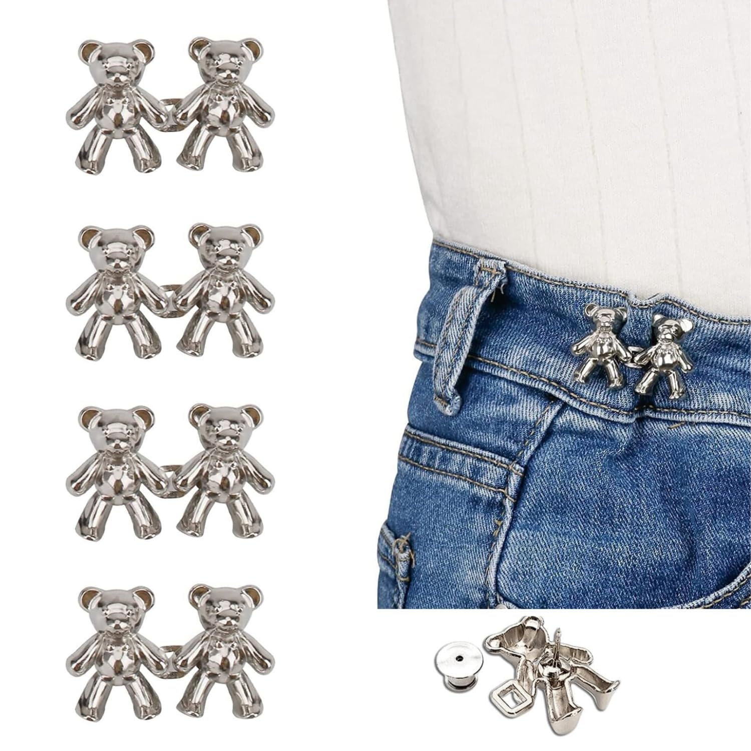 Giftock Adjustable Cute Bear Button Pins Buckle for Loose Jeans, Metal Pins Pearl Detachable Instant Button Pins, Set for Pants, Jeans, Skirts, Sleeves Tightener for Skirt Pants (Pack of 1, Silver)