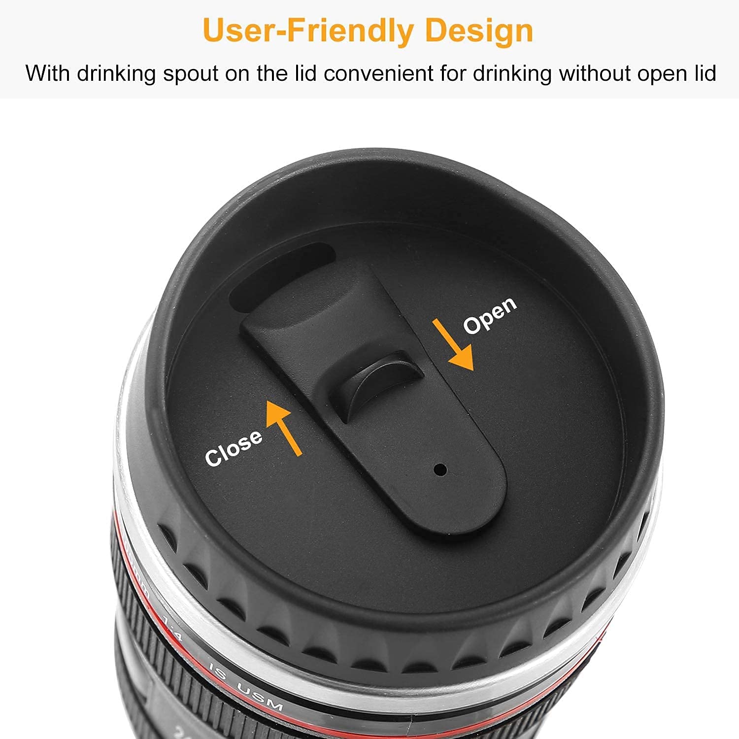 Giftock Steel Insulated Plastic Camera Lens Tea Coffee Flask Mugs with Leak Proof Lid for Gifting idea| DSLR Camera Lens Shaped Travel Thermos Cup (Black,350 Ml)