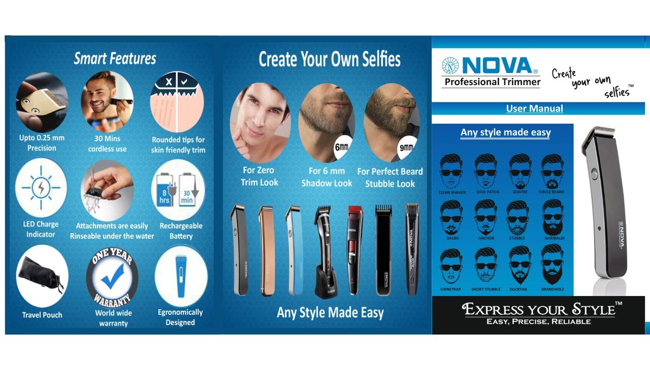 Nova NHT-1045 Rechargeable Cordless: 30 Minutes Runtime Beard Trimmer for Men