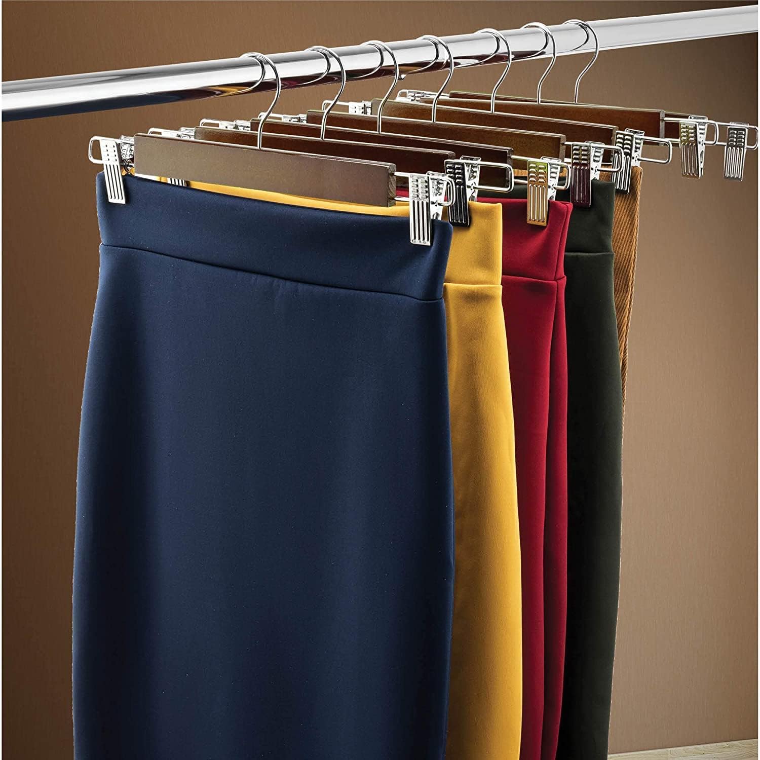 Giftock Wooden Clip Hanger Space-Saving Skirt Holders Central Heavy Closet, Pants and Shorts Hangers, Ridged Non-Slip with Pinch Clips, 360-Rotating Chrome Swivel Hook (Walnut, 1 Pc)