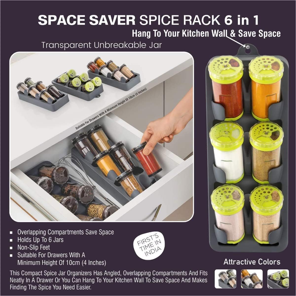 Giftock Space Saver Spice Rack 6 in 1 Non-Skid 3 Slanted Tier Hanging 6 Jars Spice Rack for Kitchen