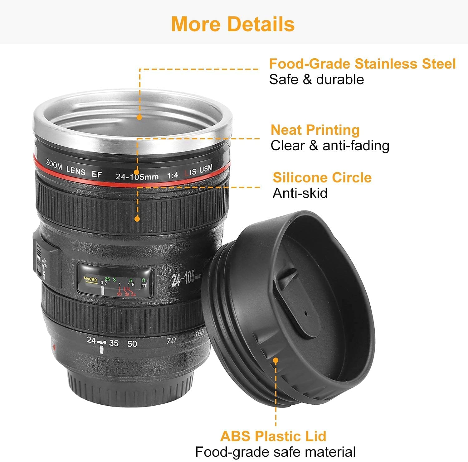 Giftock Steel Insulated Plastic Camera Lens Tea Coffee Flask Mugs with Leak Proof Lid for Gifting idea| DSLR Camera Lens Shaped Travel Thermos Cup (Black,350 Ml)