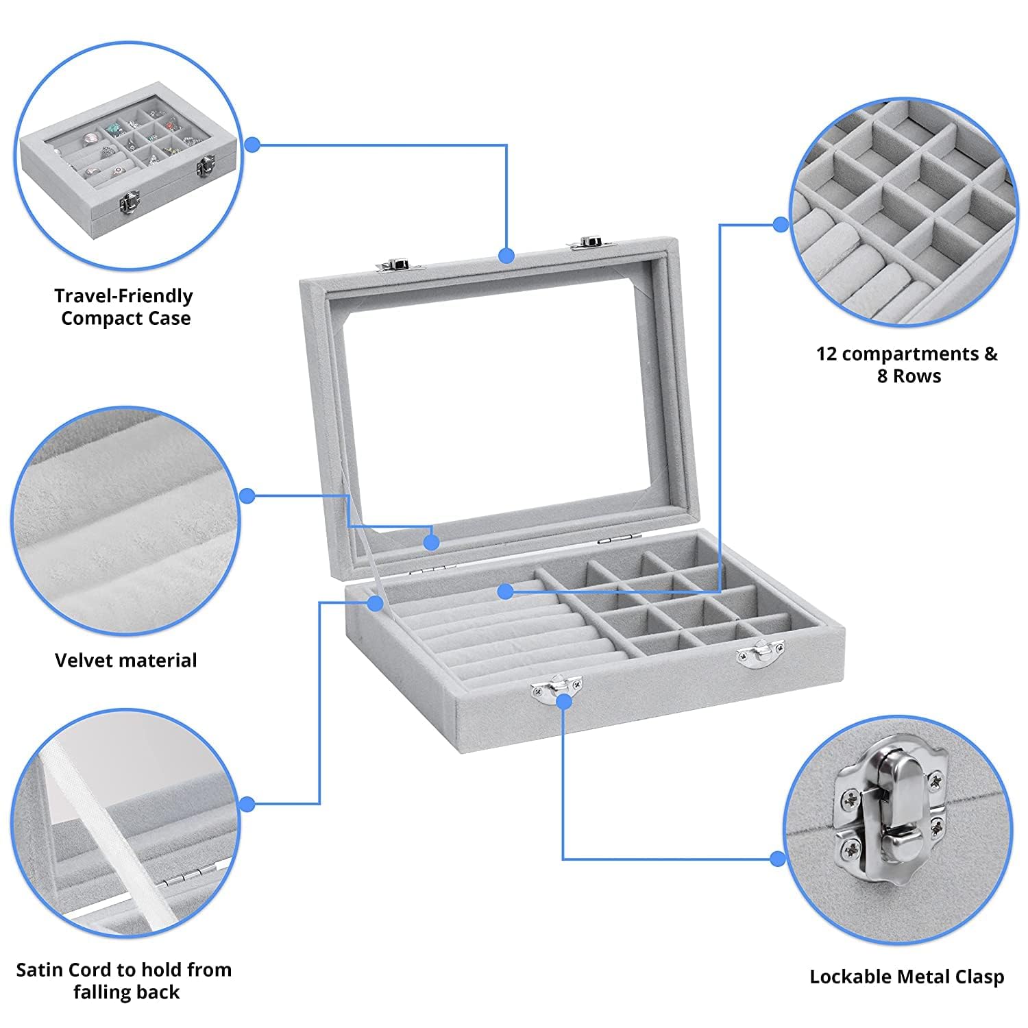 Giftock Jewellery Storage Box - Multipurpose Transparent Velvet Cufflink,Display Ring & Earring Organizer-Adjustable 12 Compartment & 8 Rows for Jewelry,Jhumkas,Stud,Travel Friendly Box for Gifts