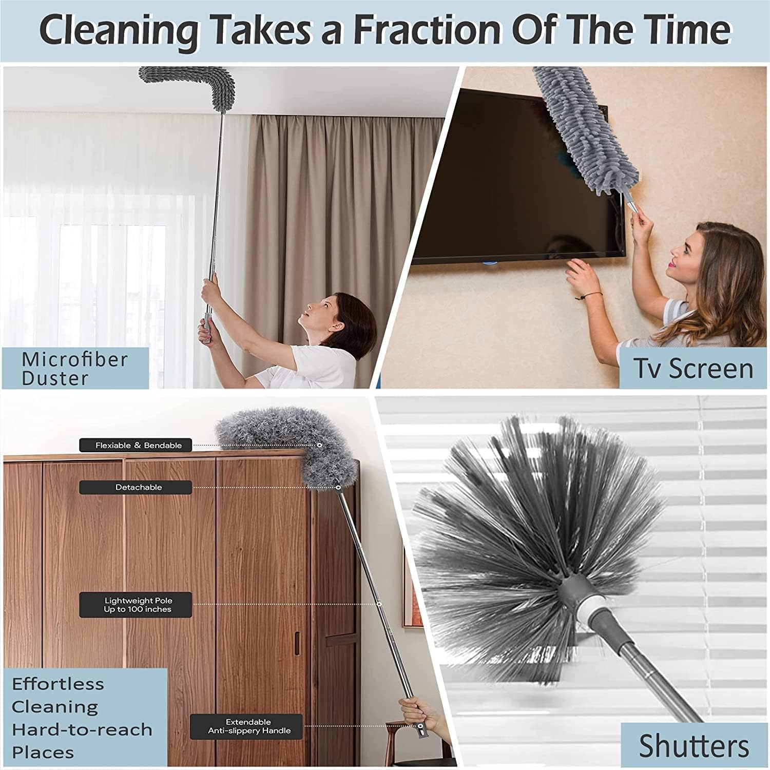 Giftock Microfiber Feather Duster Bendable & Extendable Fan Cleaning Duster with 100 inches Expandable Pole Handle Washable Duster for High Ceiling Fans, Window Blinds, Furniture (Grey)