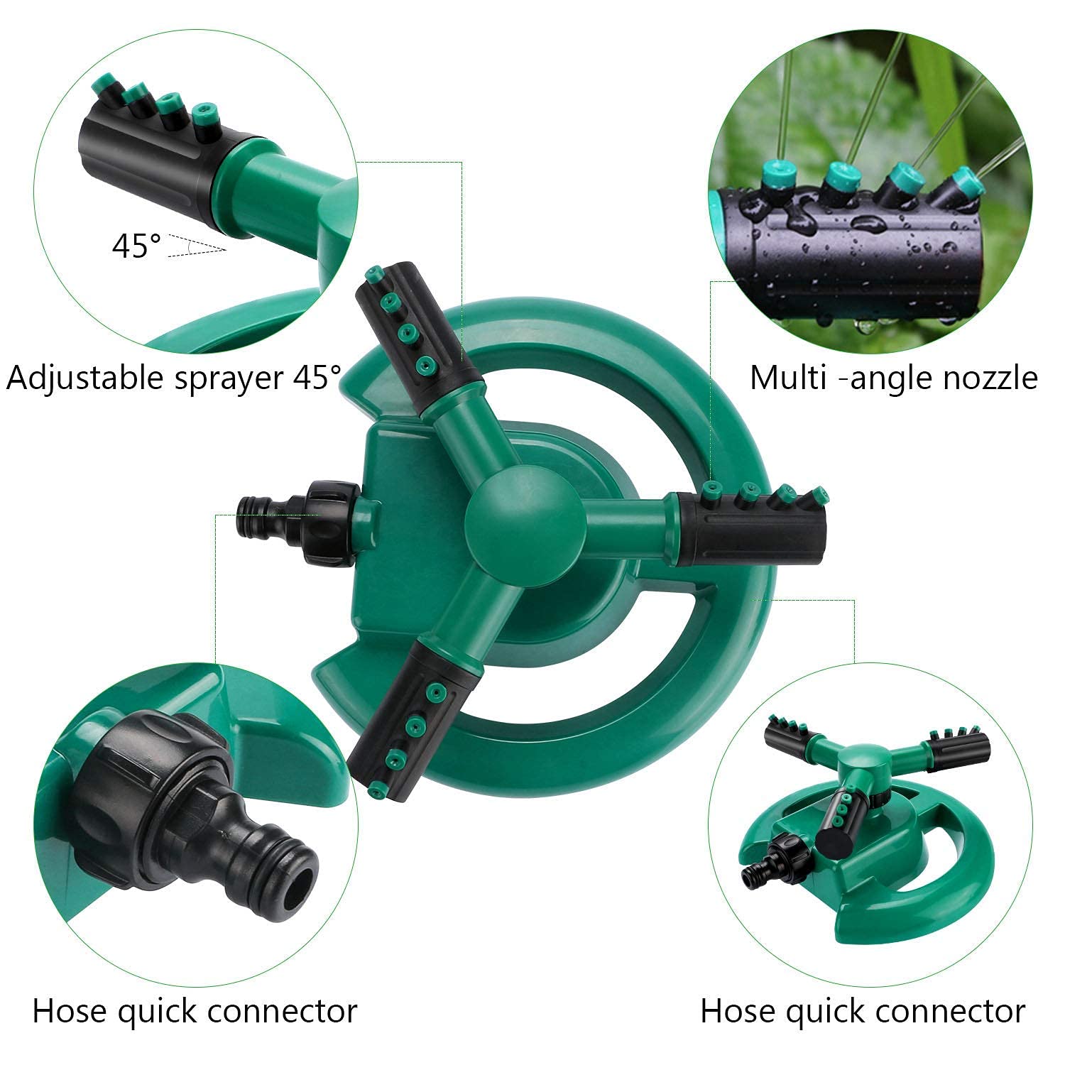 Giftock 1 Pc Automatic 360 ° Rotating Adjustable Round 3 Arm Lawn Water Sprinkler for Watering Garden Plants/Pipe Hose Irrigation Yard Water Sprayer (Green)