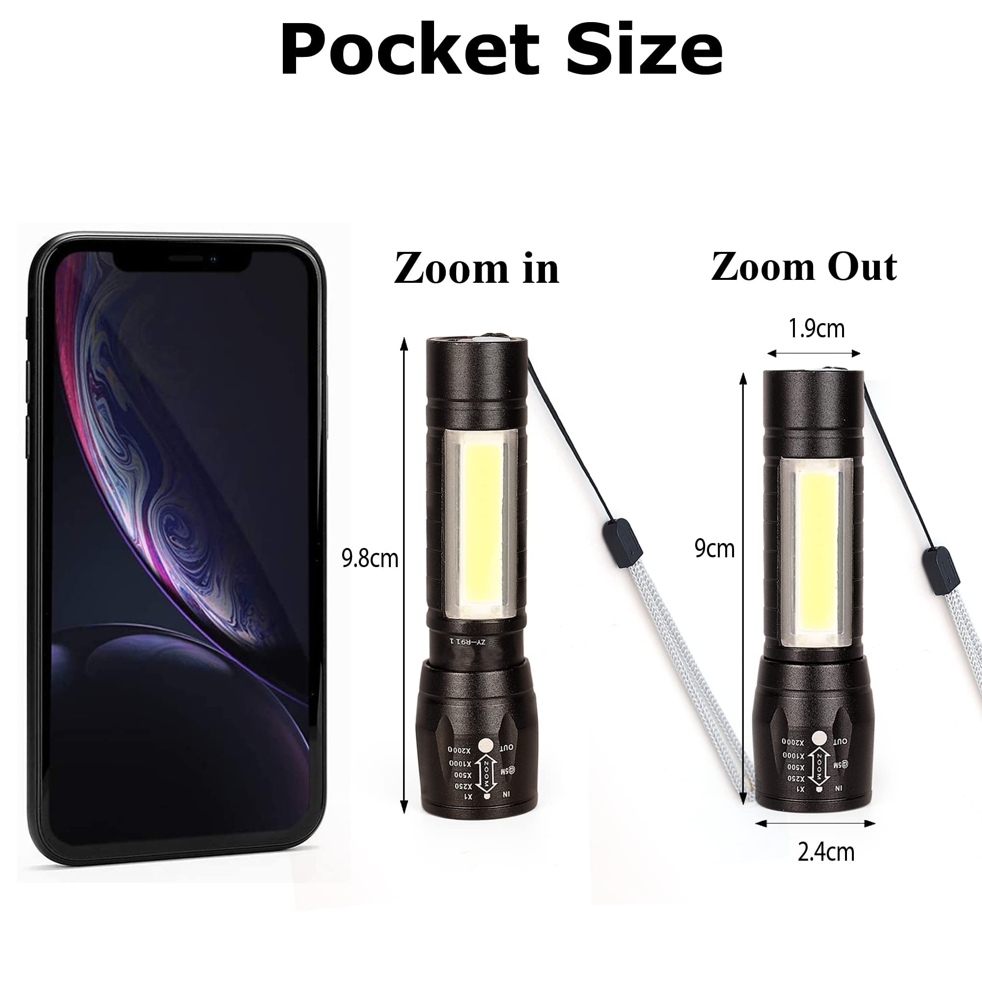 Giftock High Quality LED Flashlight With COB Light Mini Waterproof Portable LED XPE COB Flashlight USB Rechargeable 3 Modes Pen Clip Light Flashlight With Hanging Rope Small Size Black Colored