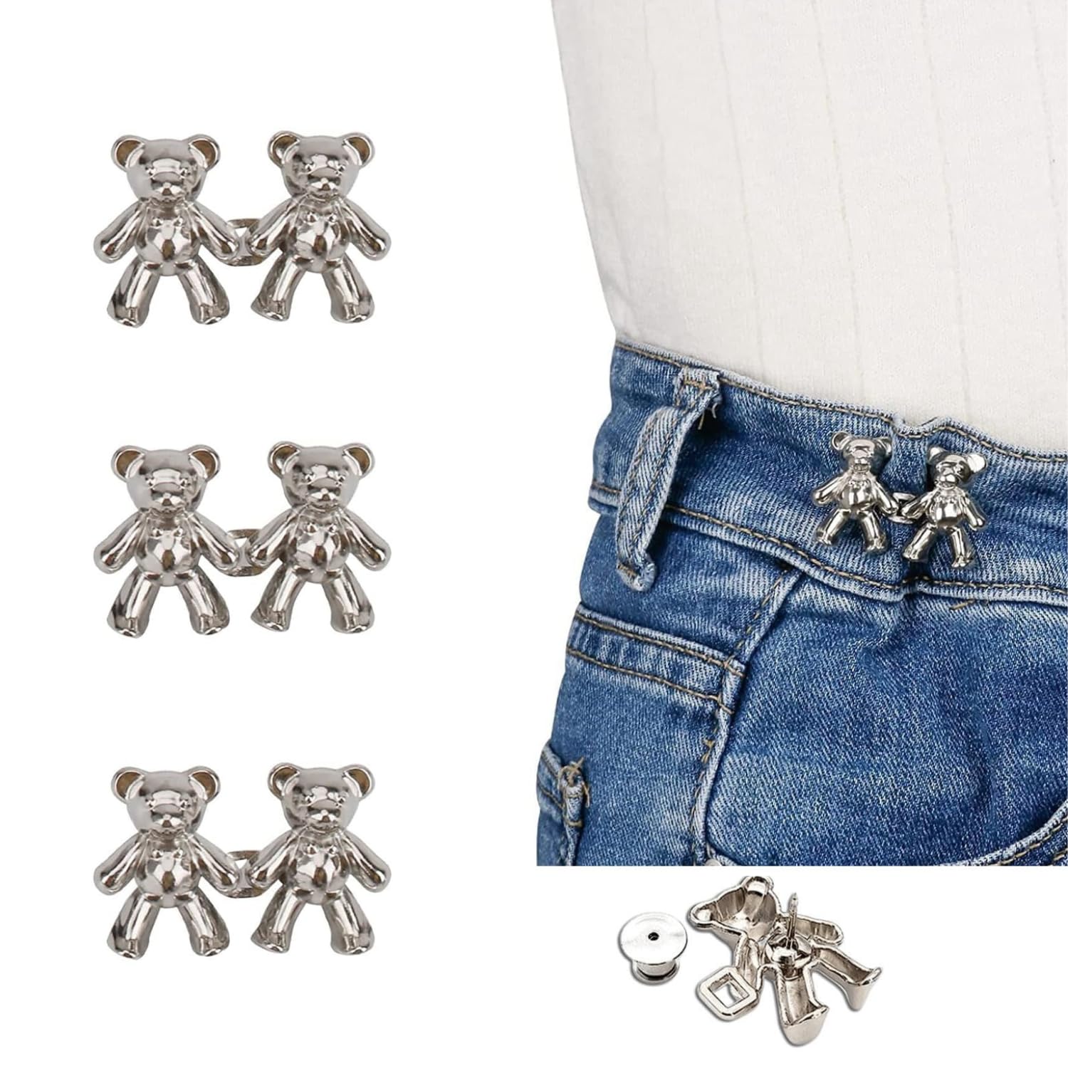 Giftock Adjustable Cute Bear Button Pins Buckle for Loose Jeans, Metal Pins Pearl Detachable Instant Button Pins, Set for Pants, Jeans, Skirts, Sleeves Tightener for Skirt Pants (Pack of 1, Silver)