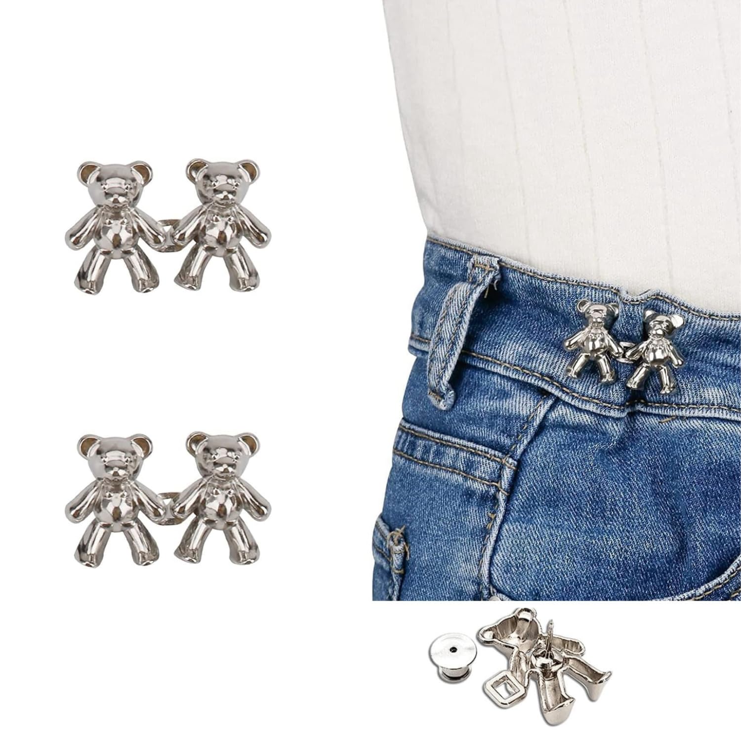 Giftock Adjustable Cute Bear Button Pins Buckle for Loose Jeans, Metal Pins Pearl Detachable Instant Button Pins, Set for Pants, Jeans, Skirts, Sleeves Tightener for Skirt Pants (Pack of 1, Silver)