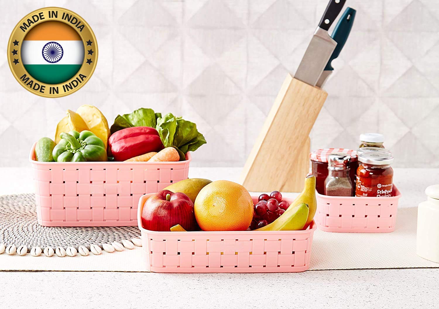 Giftock 3PCS Multipurpose Plastic Basket | Smart Shelf 3 PCS Set Storage Basket for Fruits Vegetables Magazines Cosmetics ETC | Storage Basket | Pack of 3 | Multicolor