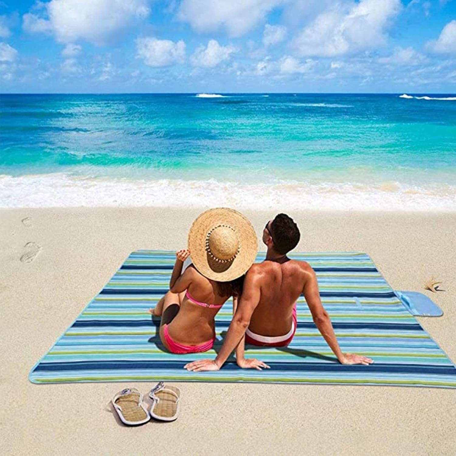 Giftock Picnic Blanket | Beach Picnic mat for Indoor & Outdoor, 80" x 57" Sandproof Waterproof Larger Mat for Travel, Camping, Hiking, Park Grass,Handy Mat Tote, Foldable (Blue Line, Fabric)