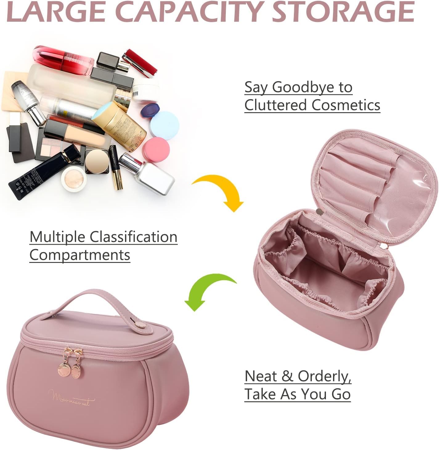 Giftock Makeup Bag, Portable Cosmetic Bag, Large Capacity Travel Makeup Organizer, Leather Cosmetic Brush Case for Women Toiletry Bag for Girls with Handle and Divider (Light Pink)