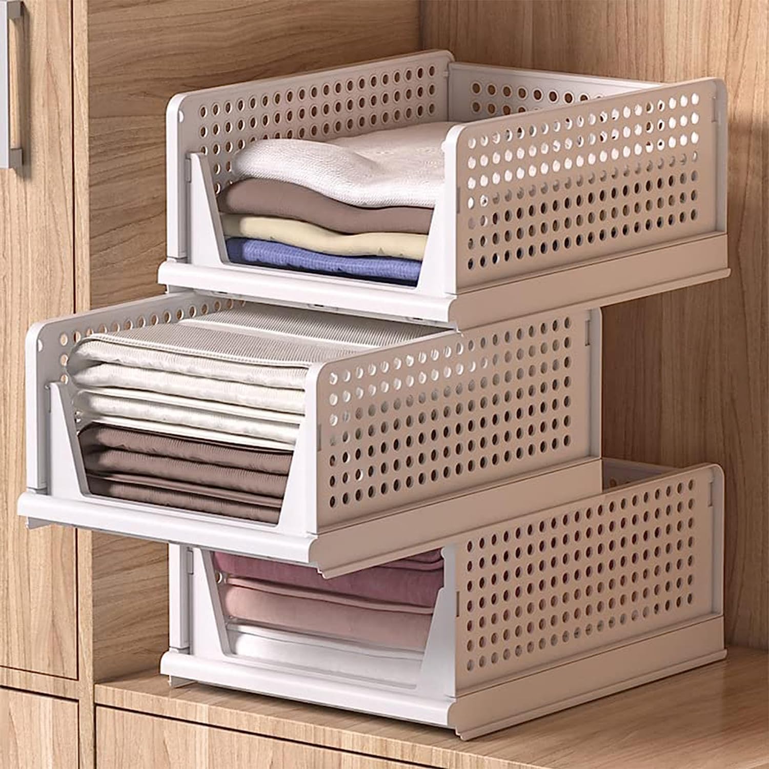 Giftock Plastic Foldable & Stackable 3 Layer Foldable Sliding Drawer Organizer and Stackable Closet Organizer for Home Wardrobe & Cupboard for Clothes