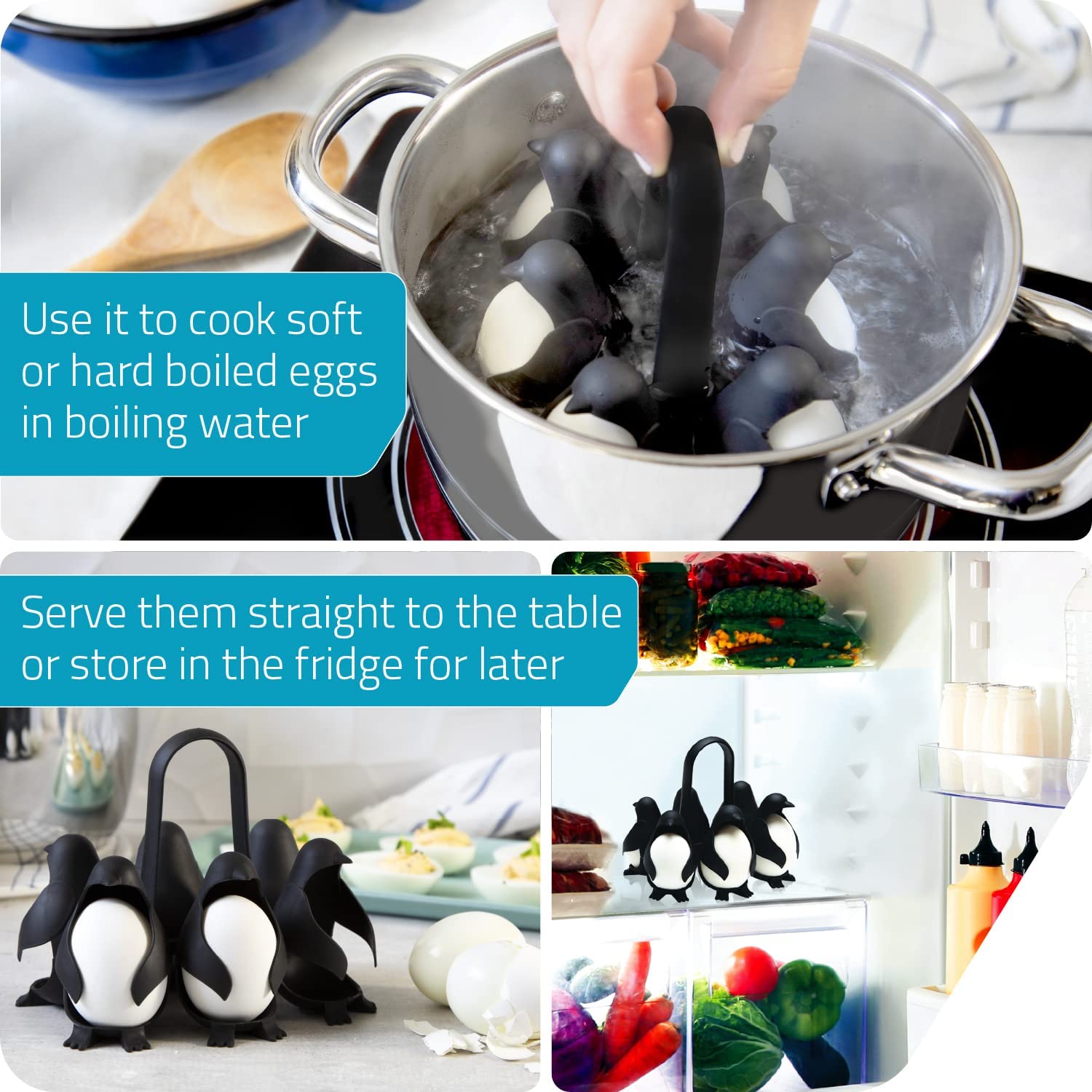 Giftock  Plastic Penguin Shaped Egg Uins 3-in-1 Solution for Cooking, Storing, and Serving Eggs Make Soft or Boiled Eggs with Ease, Holds 6 Eggs, which Ideal for Convenient Cooking & Fridge Storage Black