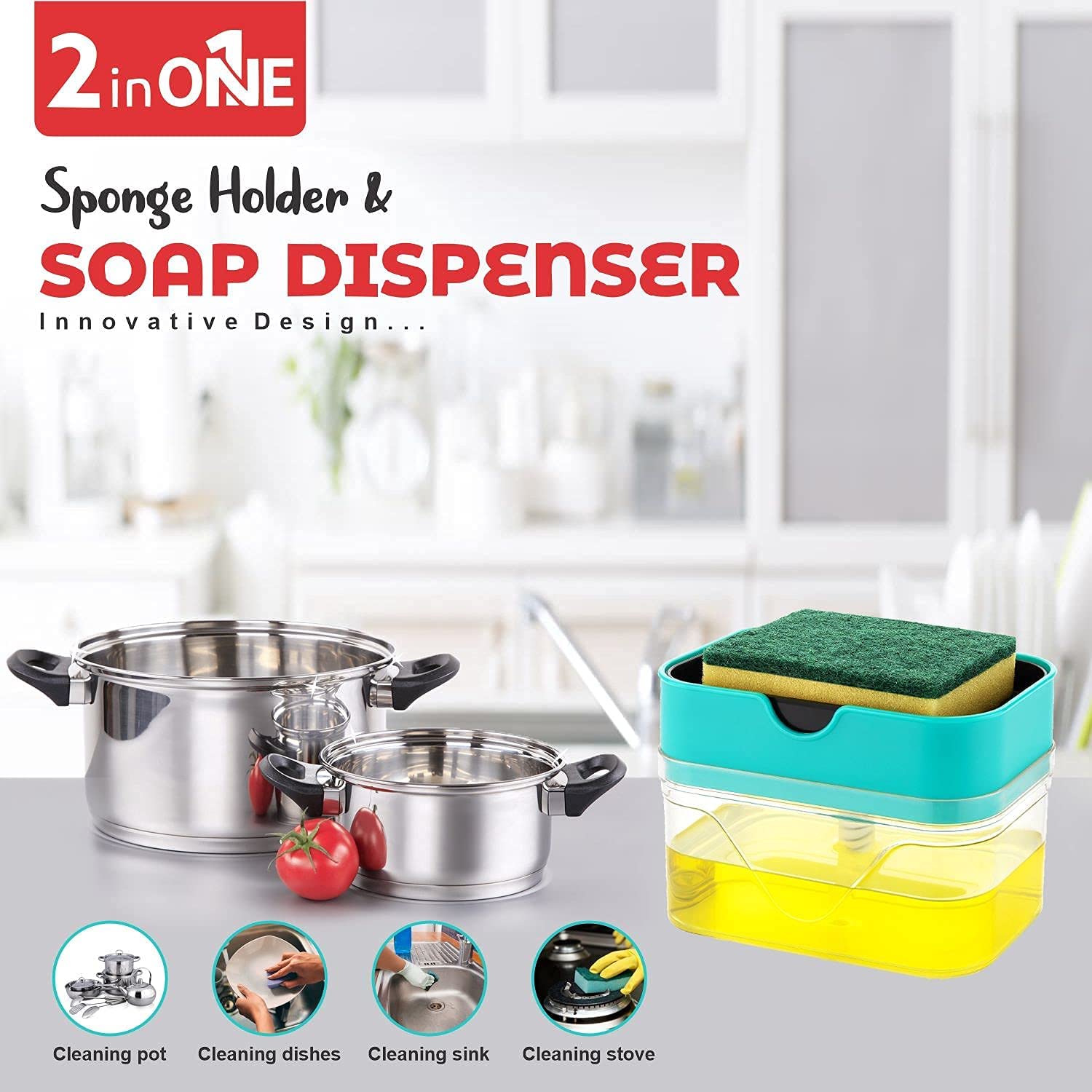 Giftock Tar Brush Dish Cleaning Brush with Liquid Dispensar Palm Dishes Pot, pan, Sink scrubbing Household soap Dispenser for Tool Dispensing wash Kitchen Utensils Scrubber Multipurpose in Home