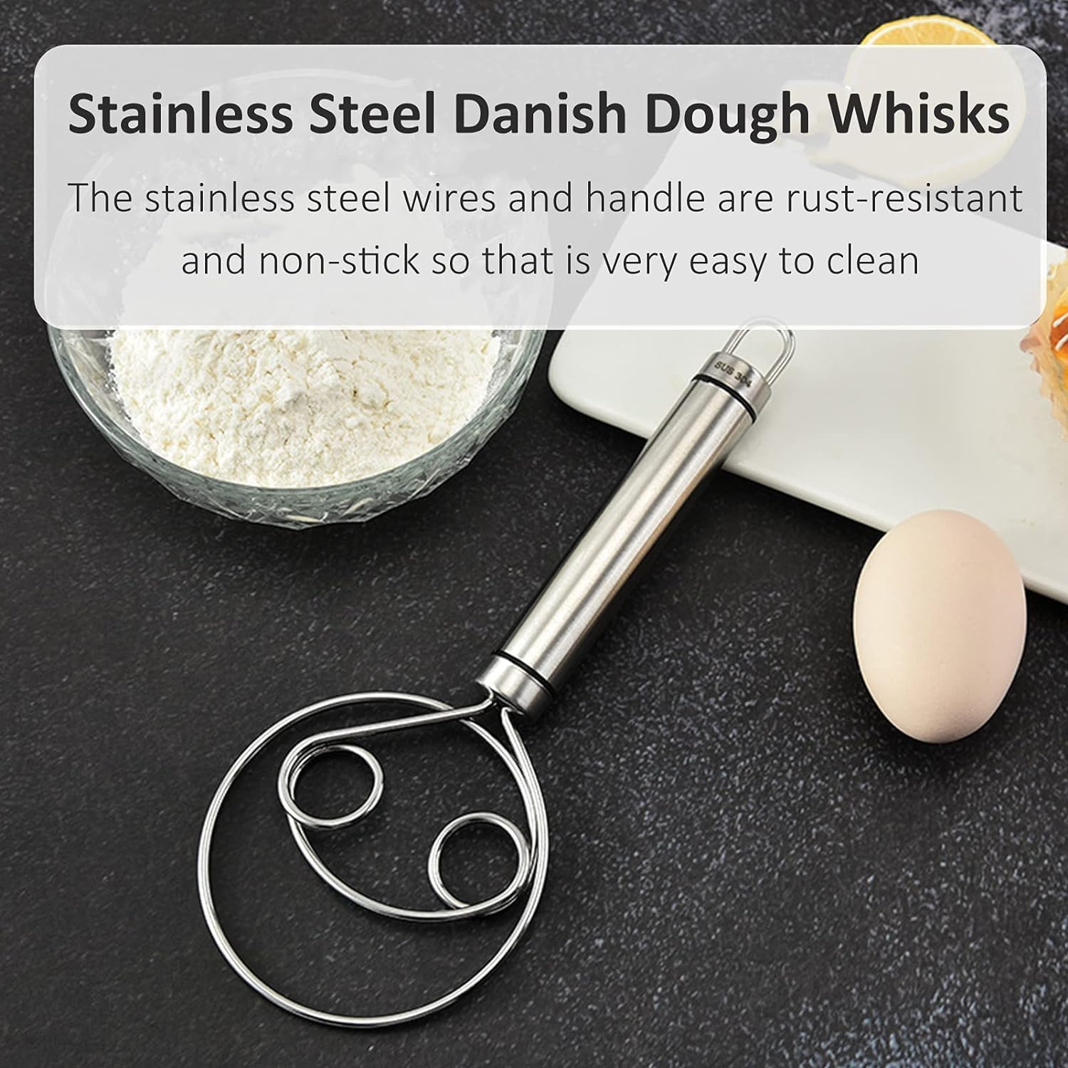 Giftock Danish Dough Whisk Food Grade 304 Stainless Steel Hand xer Bread Whisk 8.5 Inch Danish Whisk Dough Scraper Baking Tool for Bread Pastry or Pizza Dough Silver