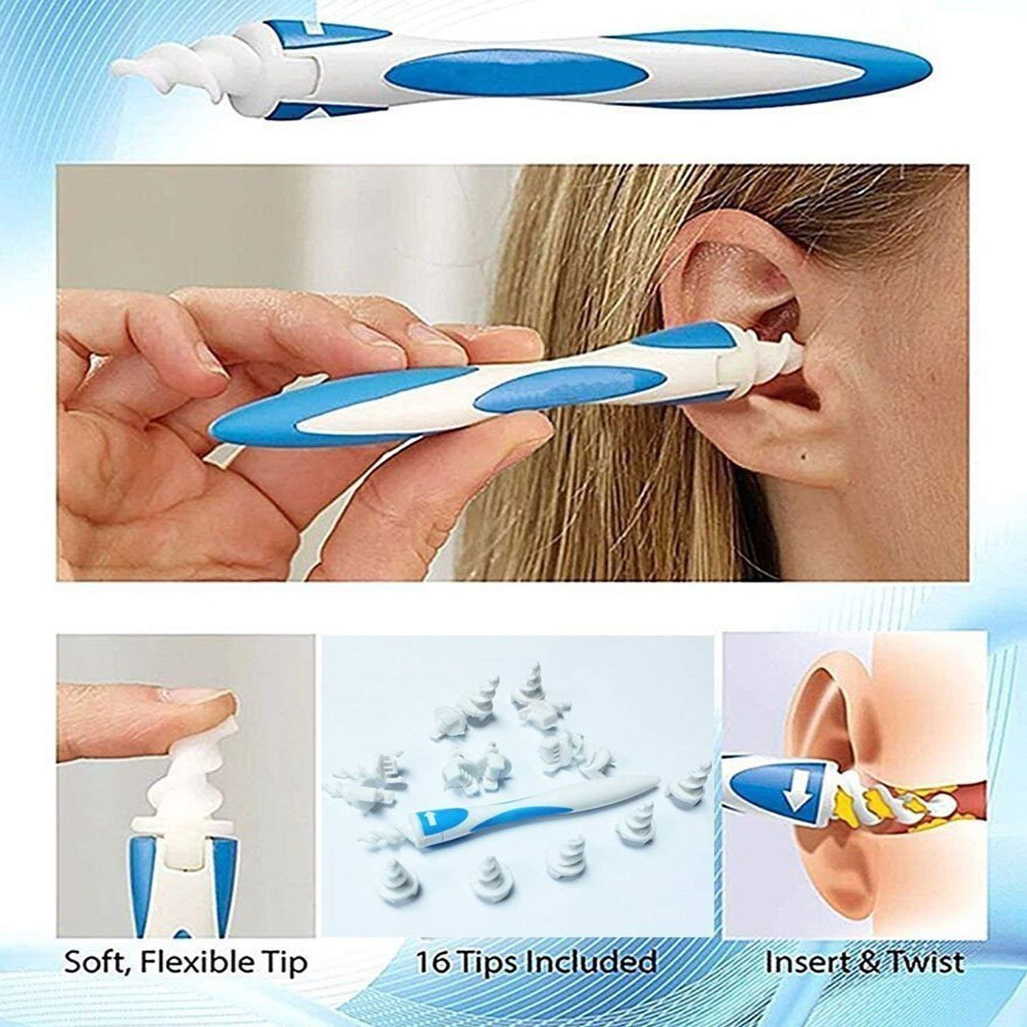 Giftock ABS and Silicone Smart Soft Spiral Swab Easy Earwax Removal Ear Cleaner (White) (b) (BLUE)