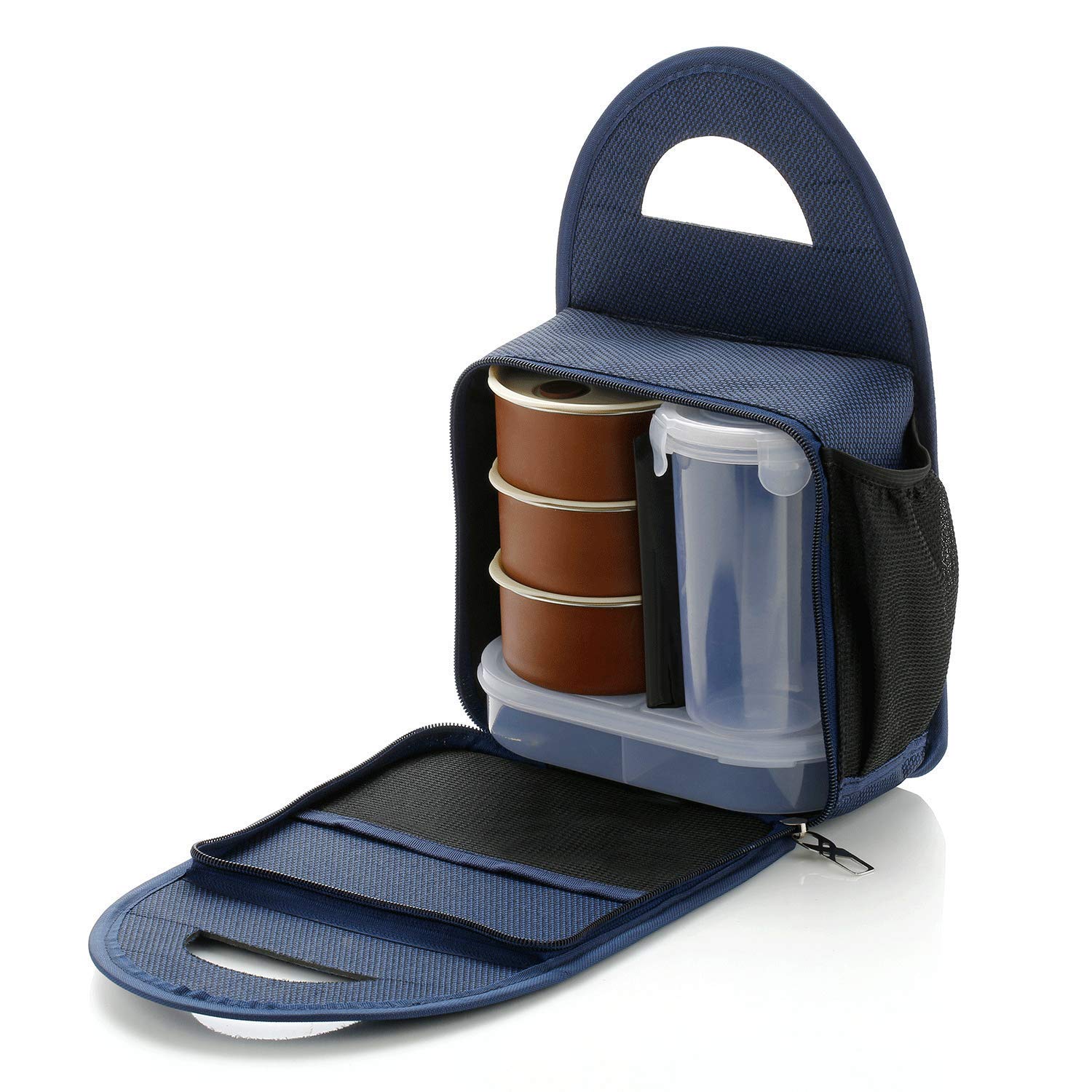 Giftock New Stainless Steel 4 Container and 1 Set with Plastic Glass Lunch Box Set with Carry Bag for Office, College and School for Men, Women Kids