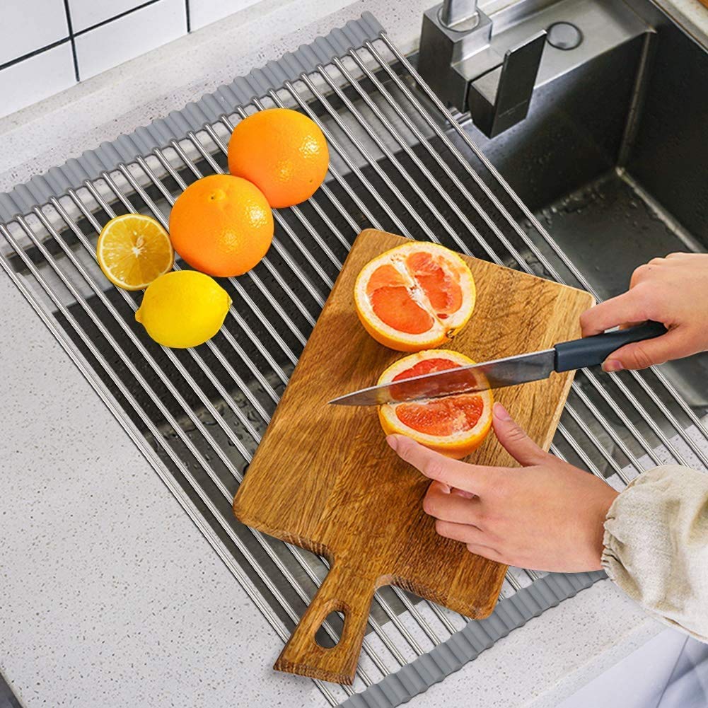 Giftock  Multipurpose Roll-up Dish Drying Rack Over The Sink Mat, Stainless Steel Adjustable Folding Rolling Dish Drainer Organizer Rack for Kitchen, Black - Big Size (46.5 x 46 cm)