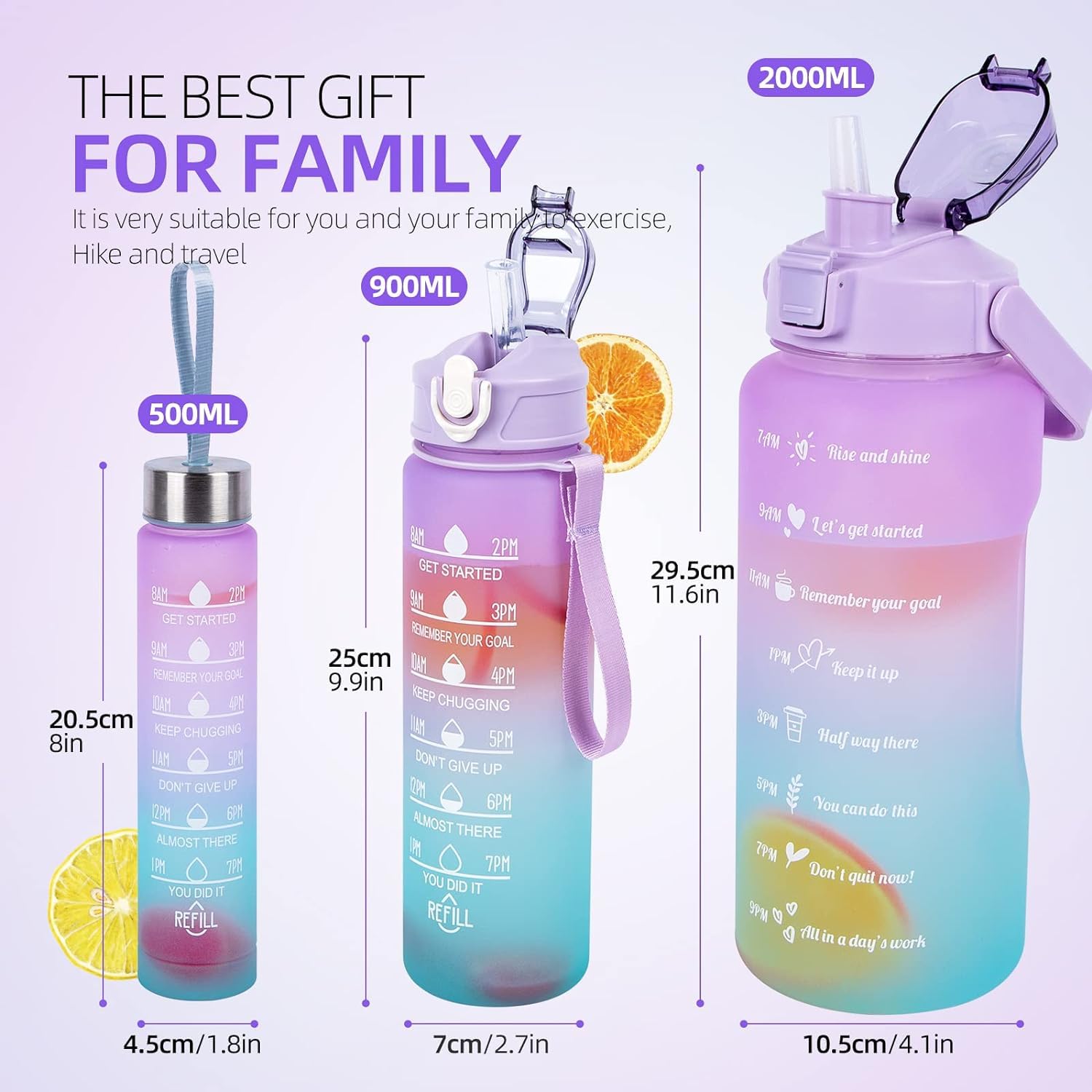 Giftock Motivational Water Bottle Set of 3 With Time & Capacity Marker, Leakproof, BPA-free Straw bottle for Home, Office, School & Gym (2L, 900ml & 280ml, Color- Multicolor)