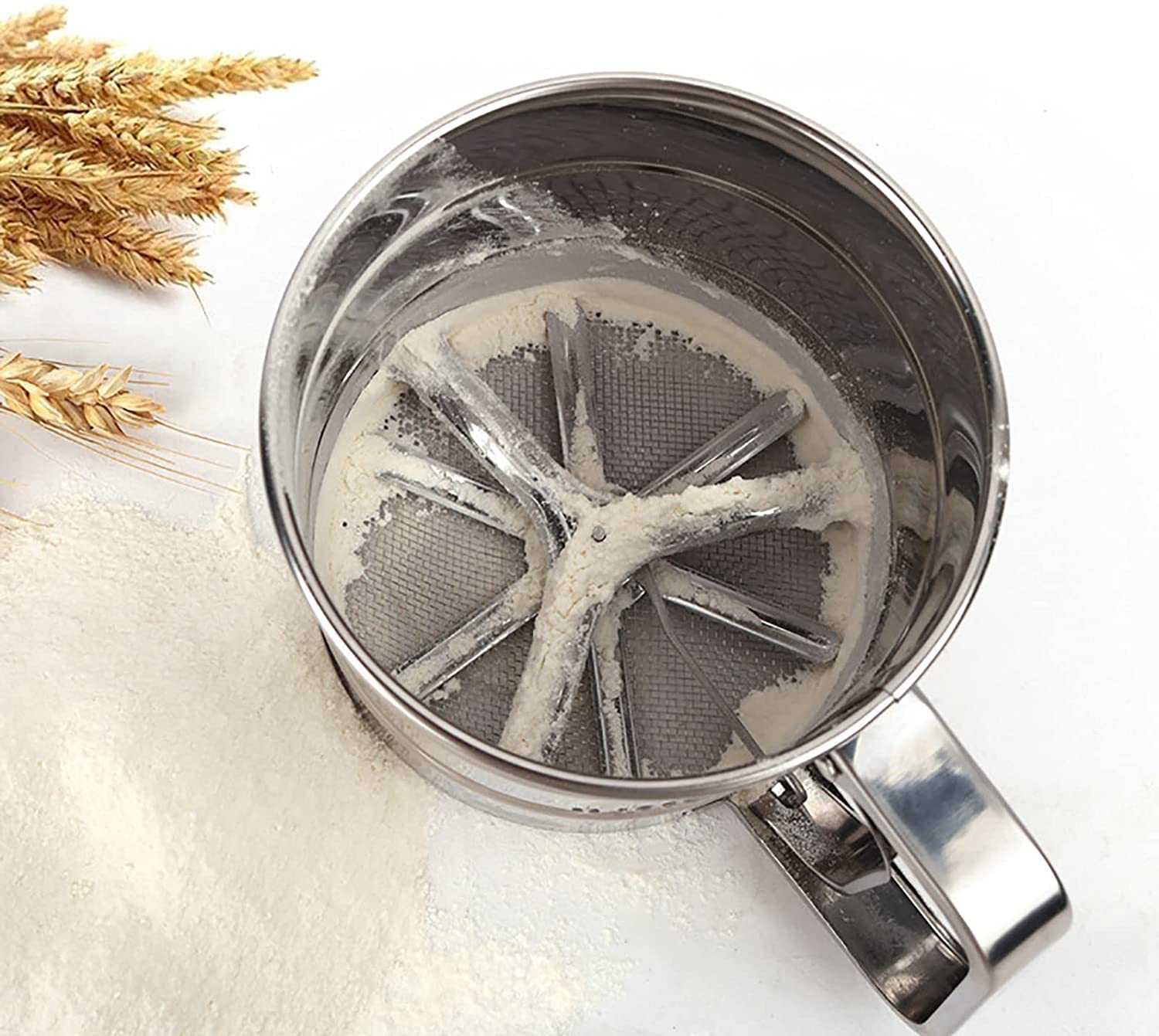 Giftock Flour Sifter, Stainless Steel Sifter for Baking Double Layer Fine Mesh Baking Sifter One Hand Press Crank Sifter for Powdered Sugar Shaker
