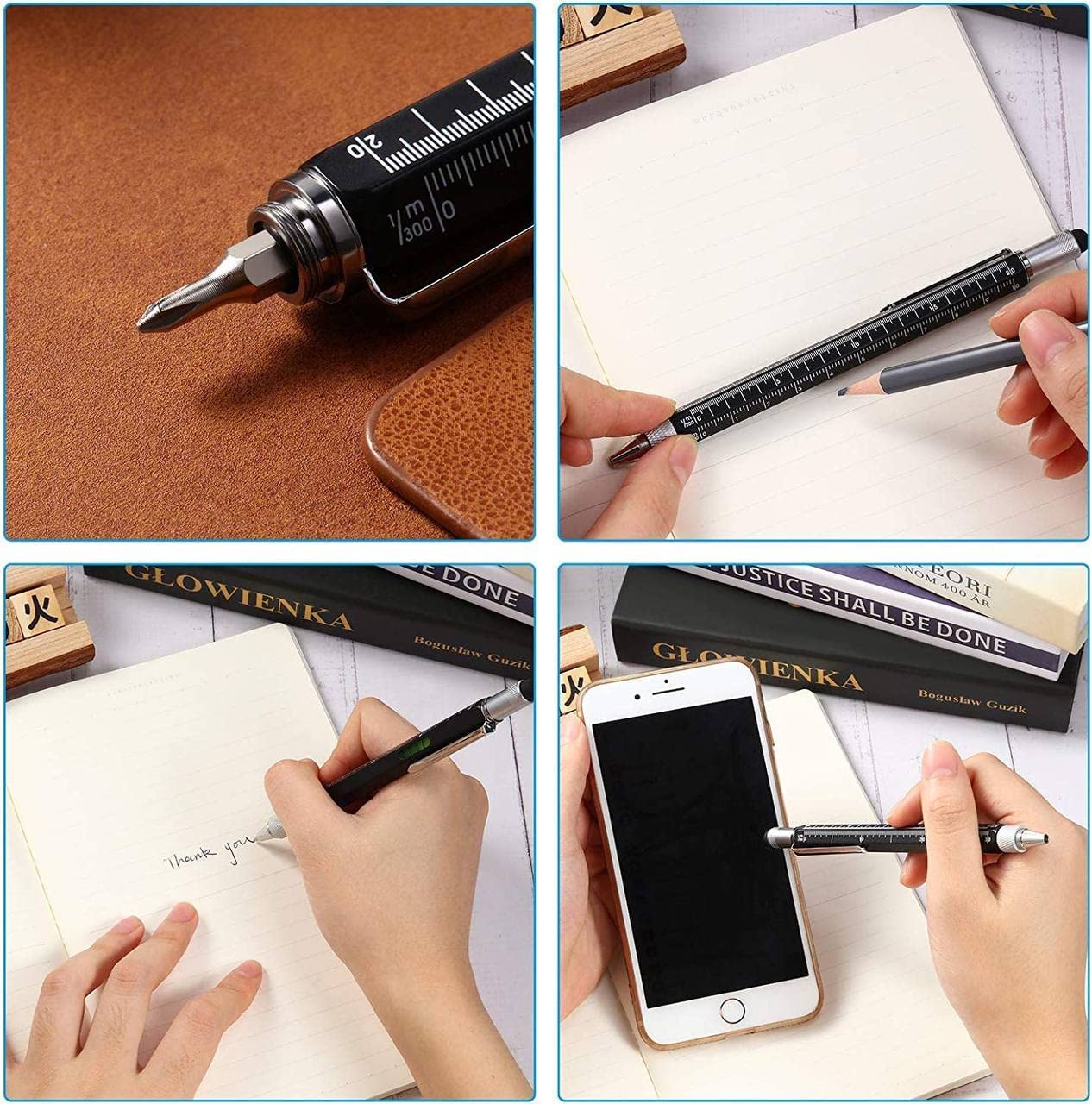 Giftock 6 in 1 Multipurpose Tool Pen | Pocket Pen with Touch Screen Ruler Level | Multi Head Screwdriver Pen (Pack of 1,Multicolor)