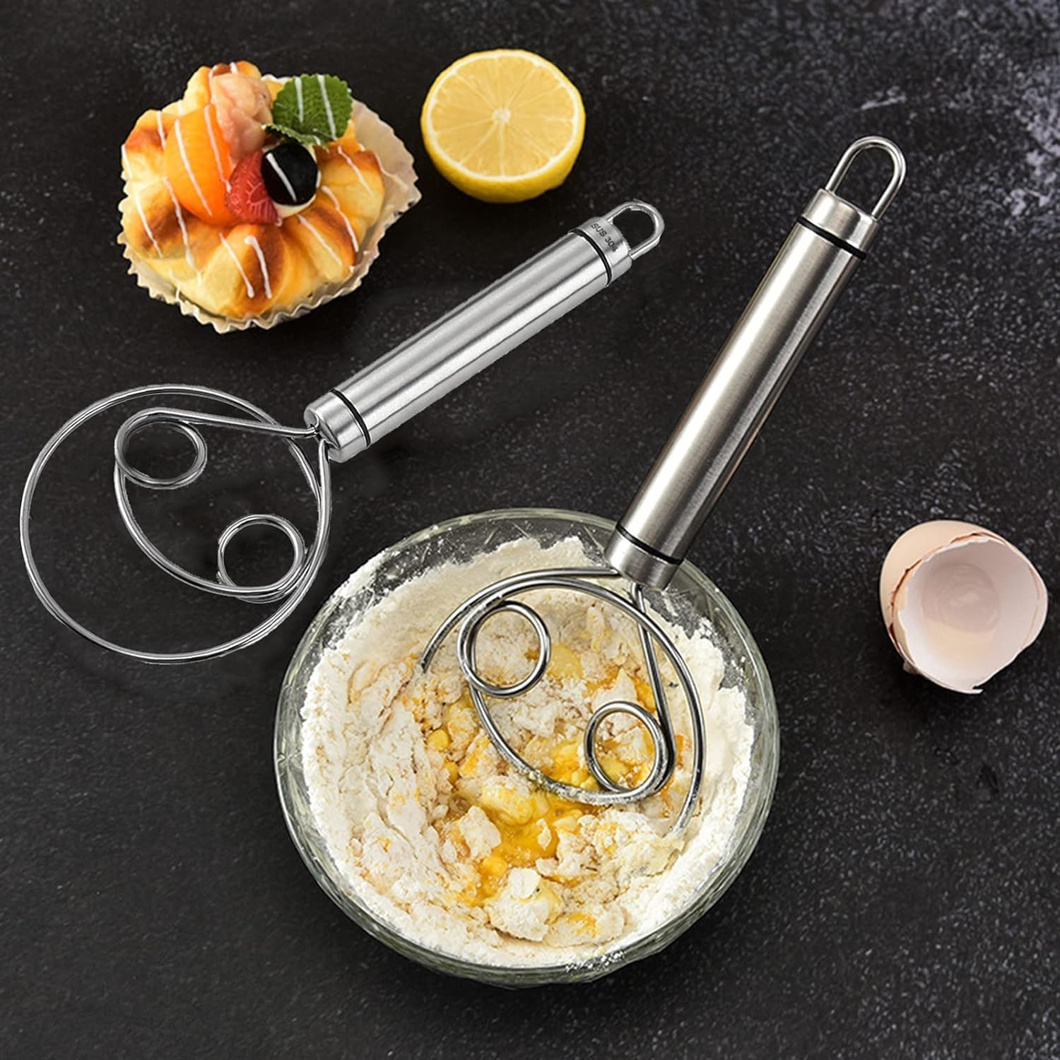 Giftock Danish Dough Whisk Food Grade 304 Stainless Steel Hand xer Bread Whisk 8.5 Inch Danish Whisk Dough Scraper Baking Tool for Bread Pastry or Pizza Dough Silver