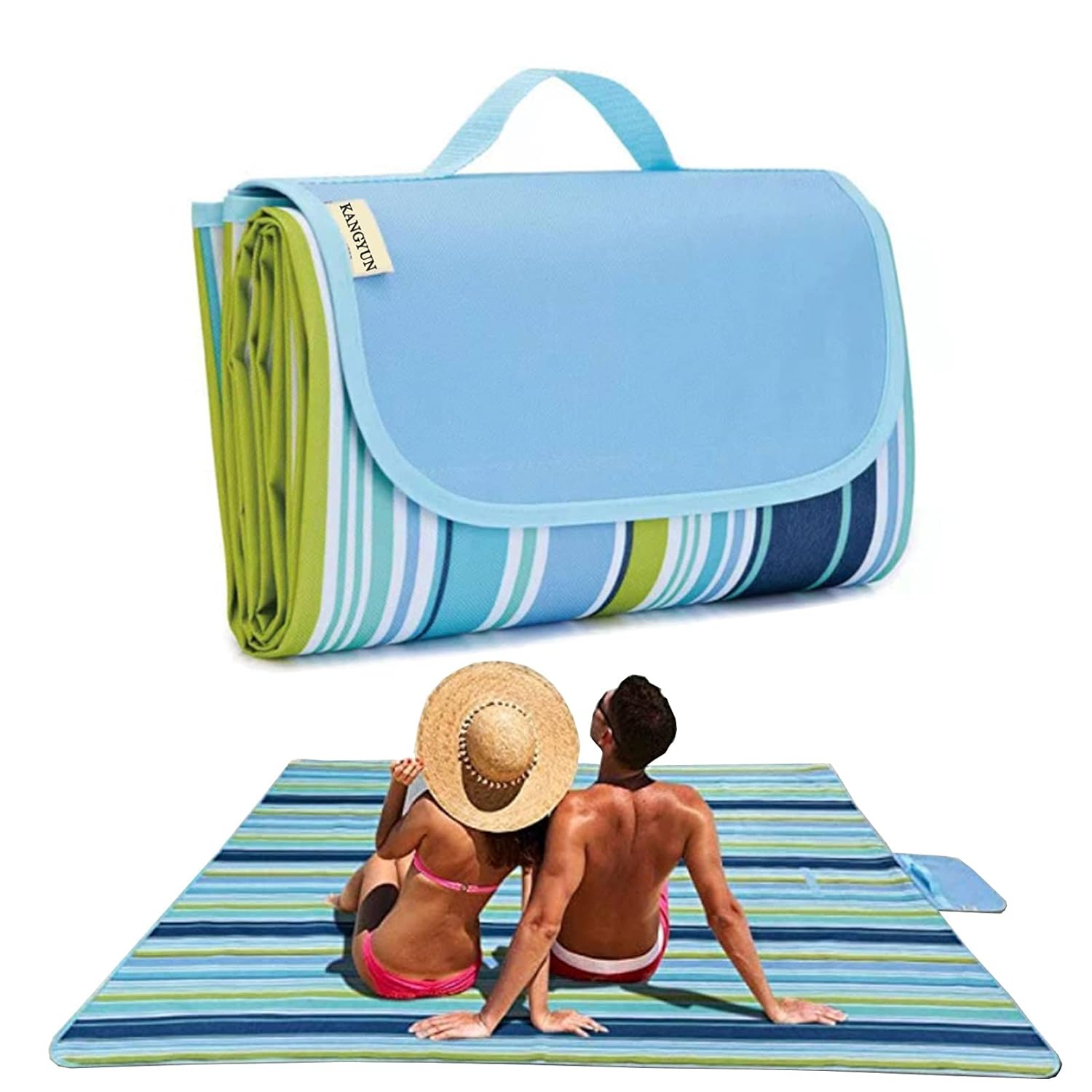 Giftock Picnic Blanket | Beach Picnic mat for Indoor & Outdoor, 80" x 57" Sandproof Waterproof Larger Mat for Travel, Camping, Hiking, Park Grass,Handy Mat Tote, Foldable (Blue Line, Fabric)