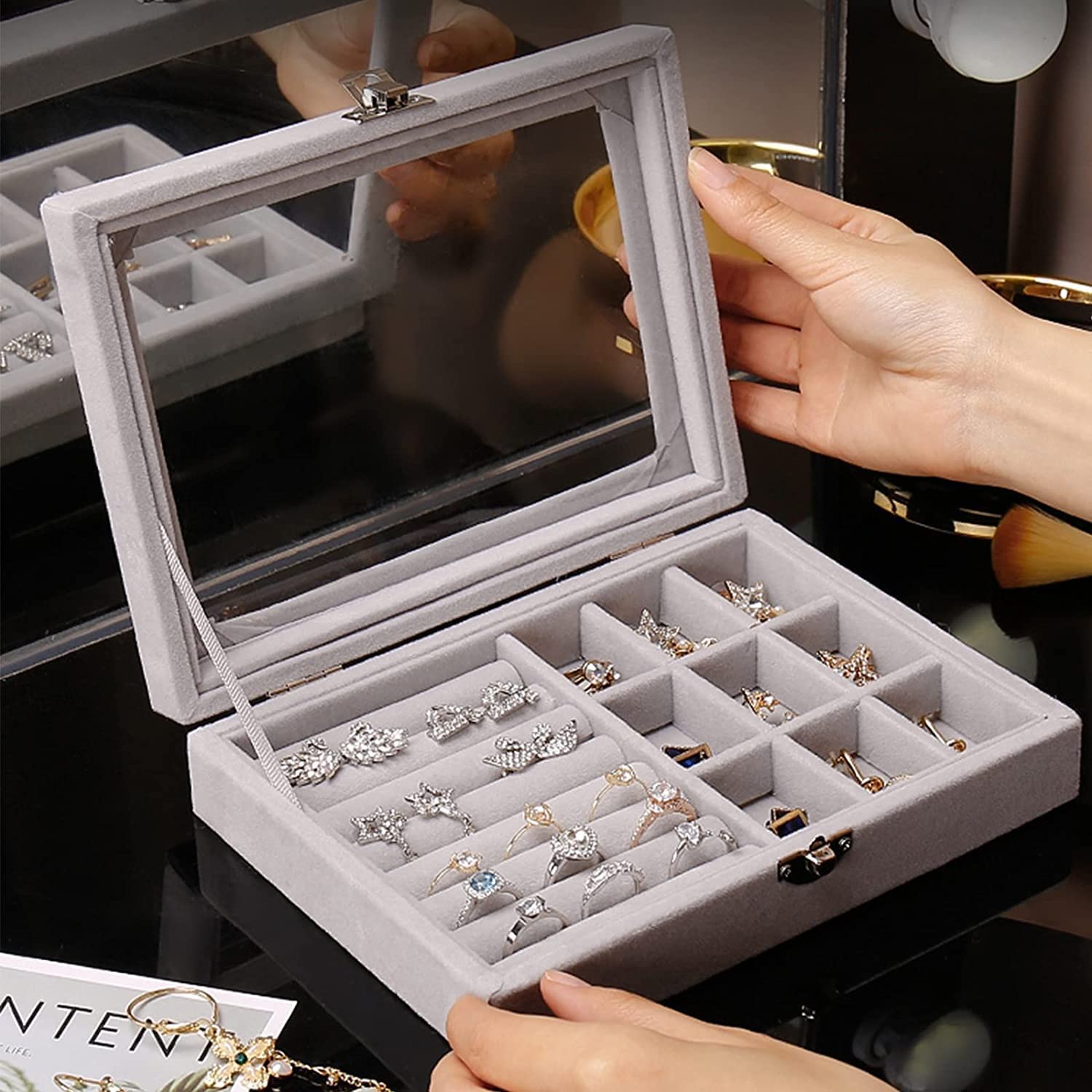 Giftock Jewellery Storage Box - Multipurpose Transparent Velvet Cufflink,Display Ring & Earring Organizer-Adjustable 12 Compartment & 8 Rows for Jewelry,Jhumkas,Stud,Travel Friendly Box for Gifts