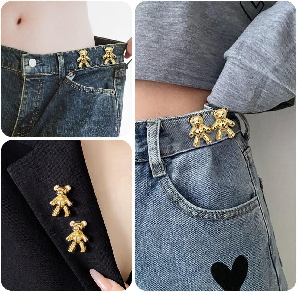Giftock Adjustable Cute Bear Button Pins Buckle for Loose Jeans, Metal Pins Pearl Detachable Instant Button Pins, Set for Pants, Jeans, Skirts, Sleeves Tightener for Skirt Pants (Pack of 1, Silver)