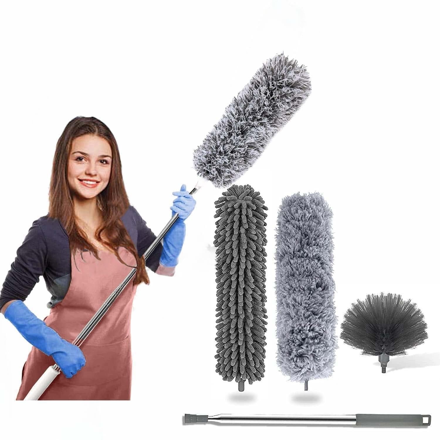 Giftock Microfiber Feather Duster Bendable & Extendable Fan Cleaning Duster with 100 inches Expandable Pole Handle Washable Duster for High Ceiling Fans, Window Blinds, Furniture (Grey)