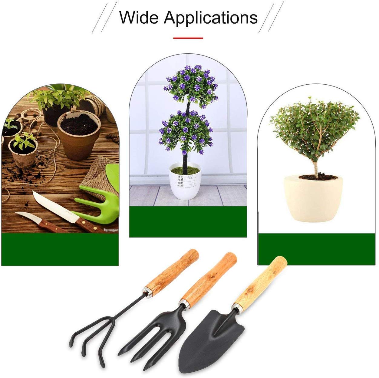 Giftock 3 Pcs Mini Garden Tool Set Gardening Shovels, Spade, Rale with Wooden Handles