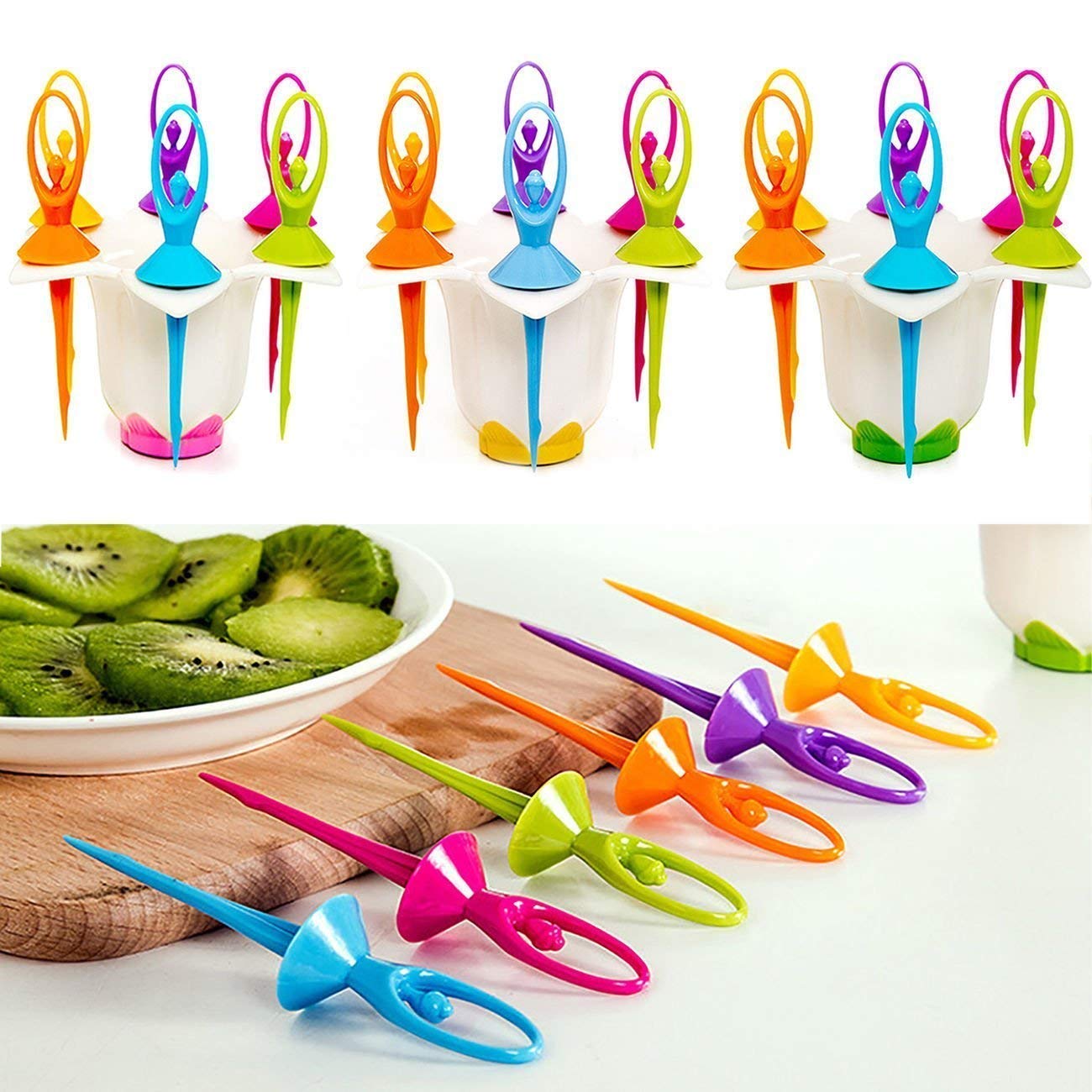 Giftock Plastic Dancing Doll Fruit Fork Set of 6 with Stand for Kids and Adults (Multicolor)