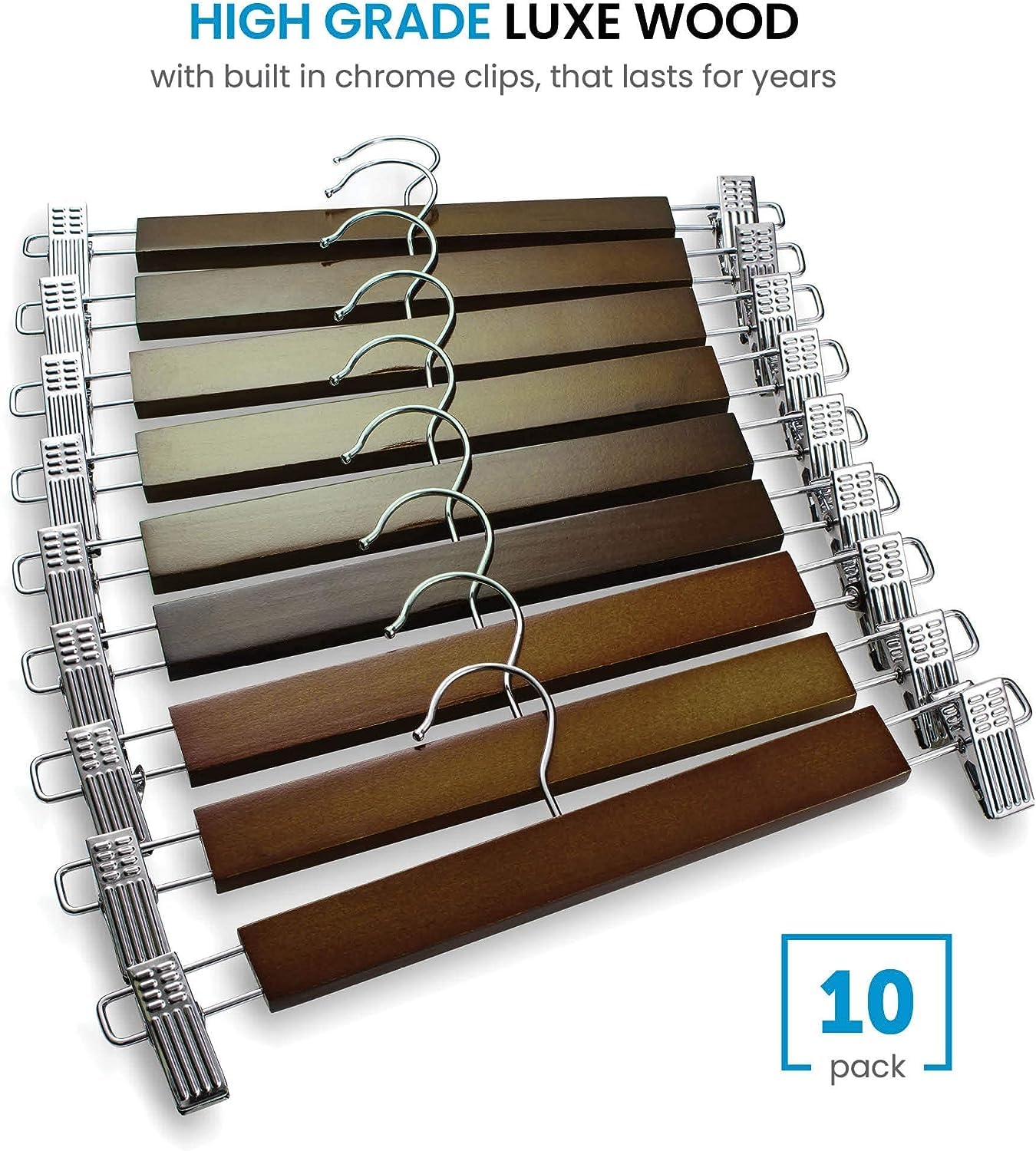 Giftock Wooden Clip Hanger Space-Saving Skirt Holders Central Heavy Closet, Pants and Shorts Hangers, Ridged Non-Slip with Pinch Clips, 360-Rotating Chrome Swivel Hook (Walnut, 1 Pc)