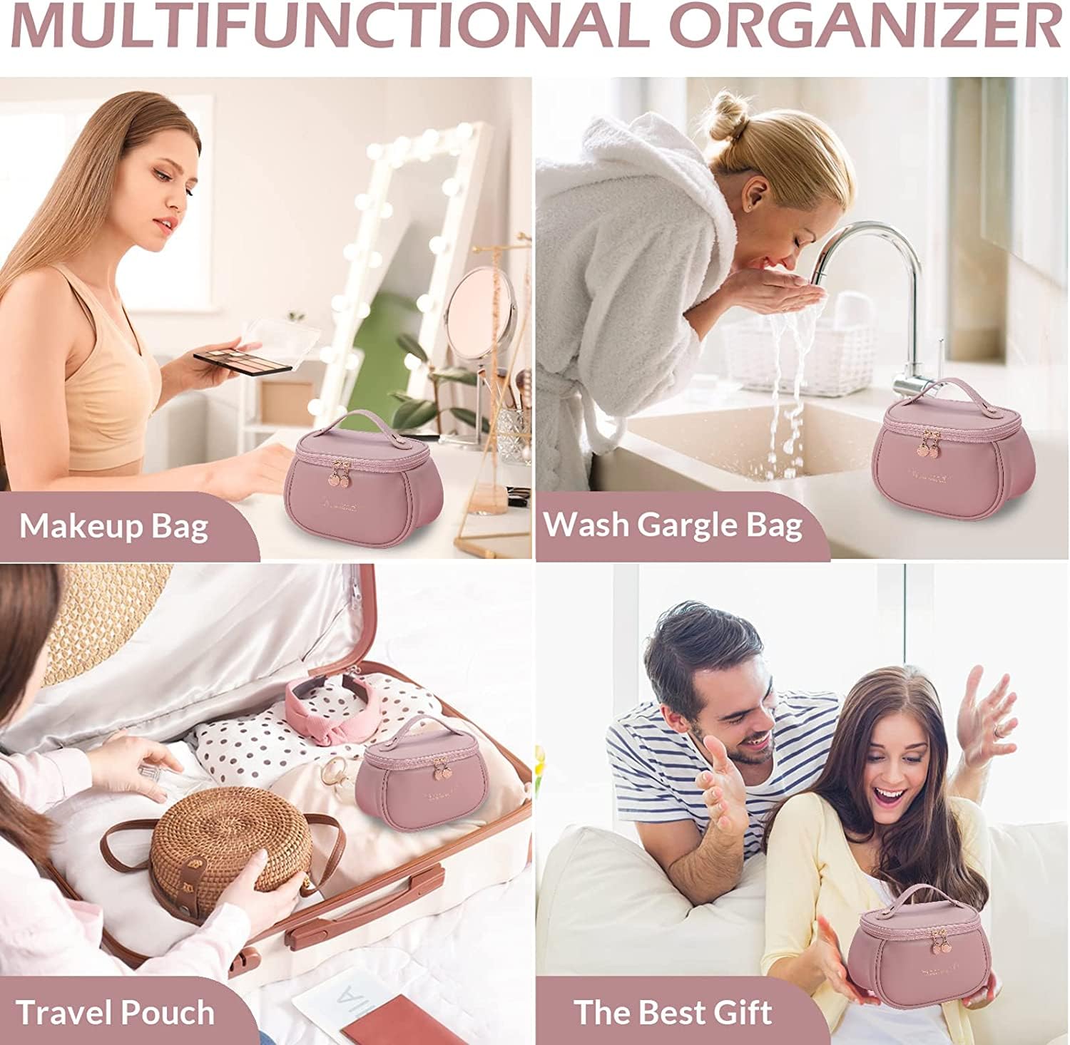 Giftock Makeup Bag, Portable Cosmetic Bag, Large Capacity Travel Makeup Organizer, Leather Cosmetic Brush Case for Women Toiletry Bag for Girls with Handle and Divider (Light Pink)