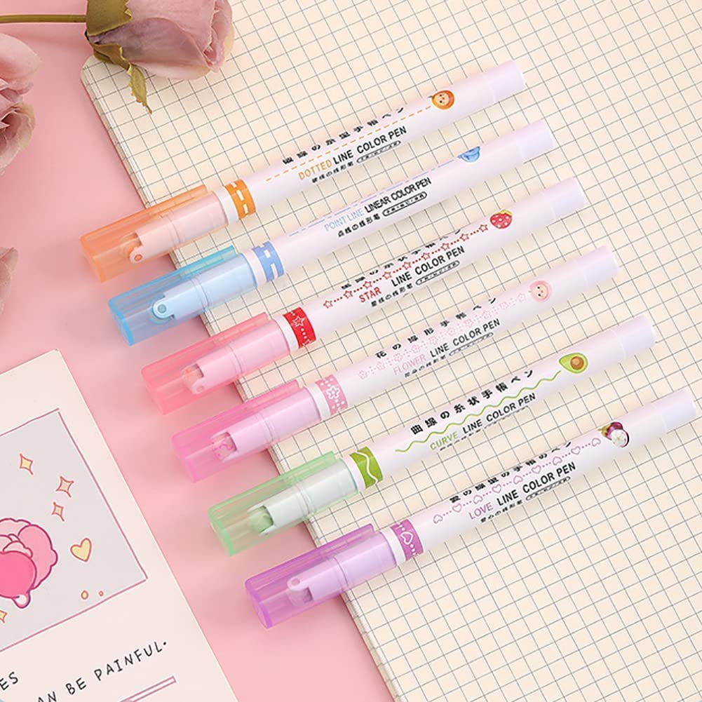 Giftock Designer Highlighter Pens Set, Line Markers Colors Pen For Adults & Kids Writing Drawing School Supplies, 6 in 1 Drawing Liner Marker Is 6 Different Curve Shapes