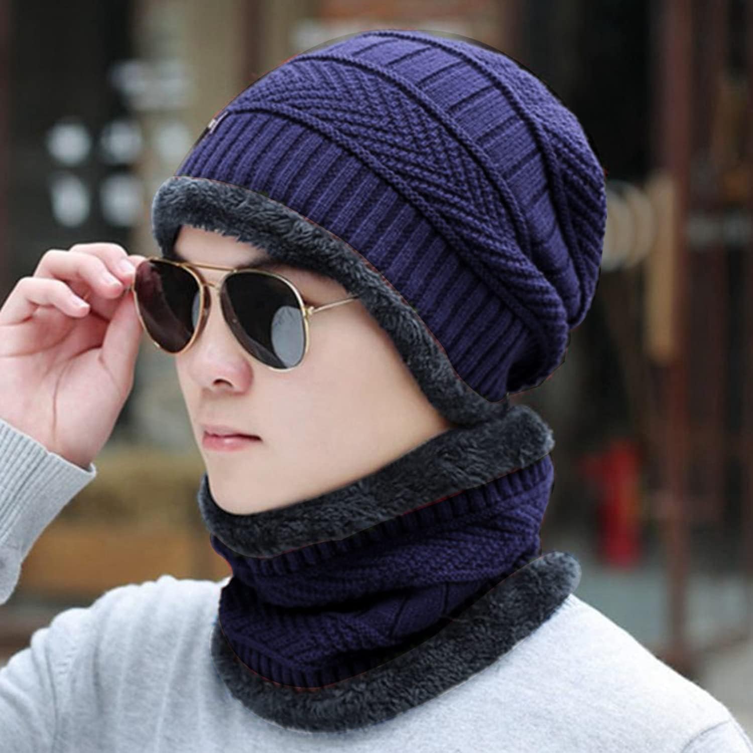 Giftock Wool Beanie Cap & Muffler for Mens & Women  Winter Cap for Men  Mens Woolen Cap with Neck Muffler  Winter Muffler for Women  Soft Woolen Muffler & Cap for Men & Women Black